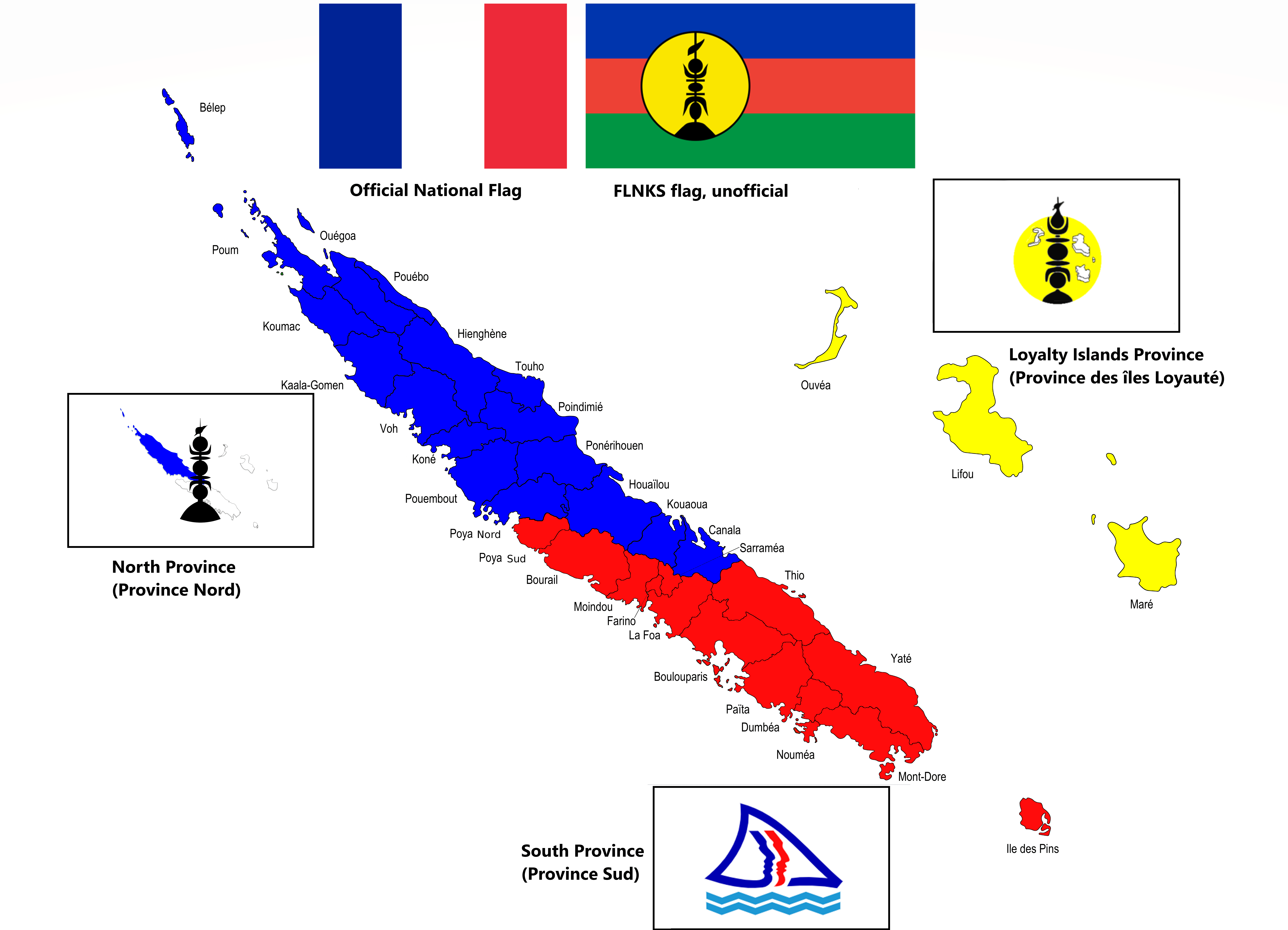Flags of New Caledonia (Nouvelle Calédonie) and its 3 Provinces
