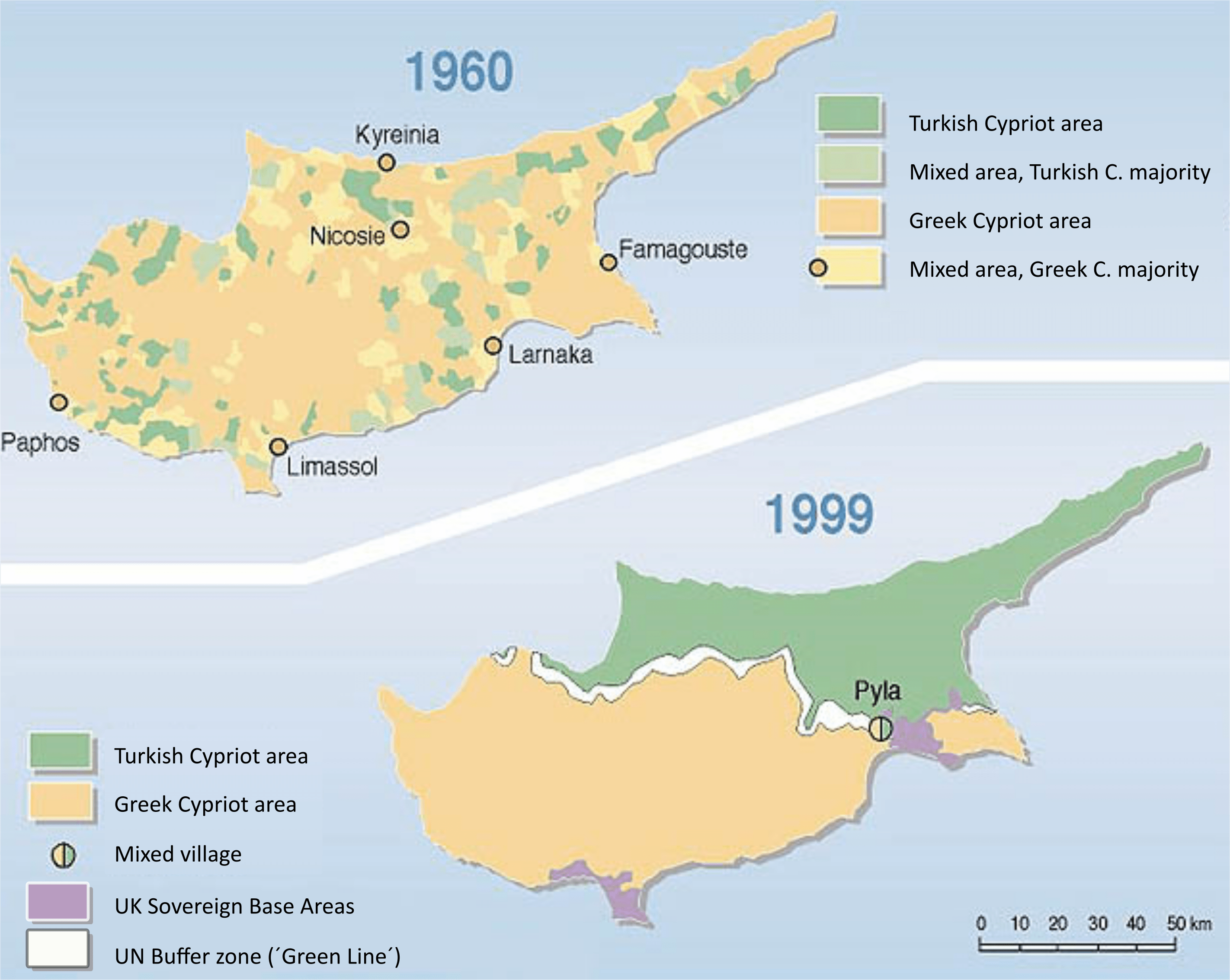 Population distribution of Cyprus, 1960 & 1999 r/MapPorn