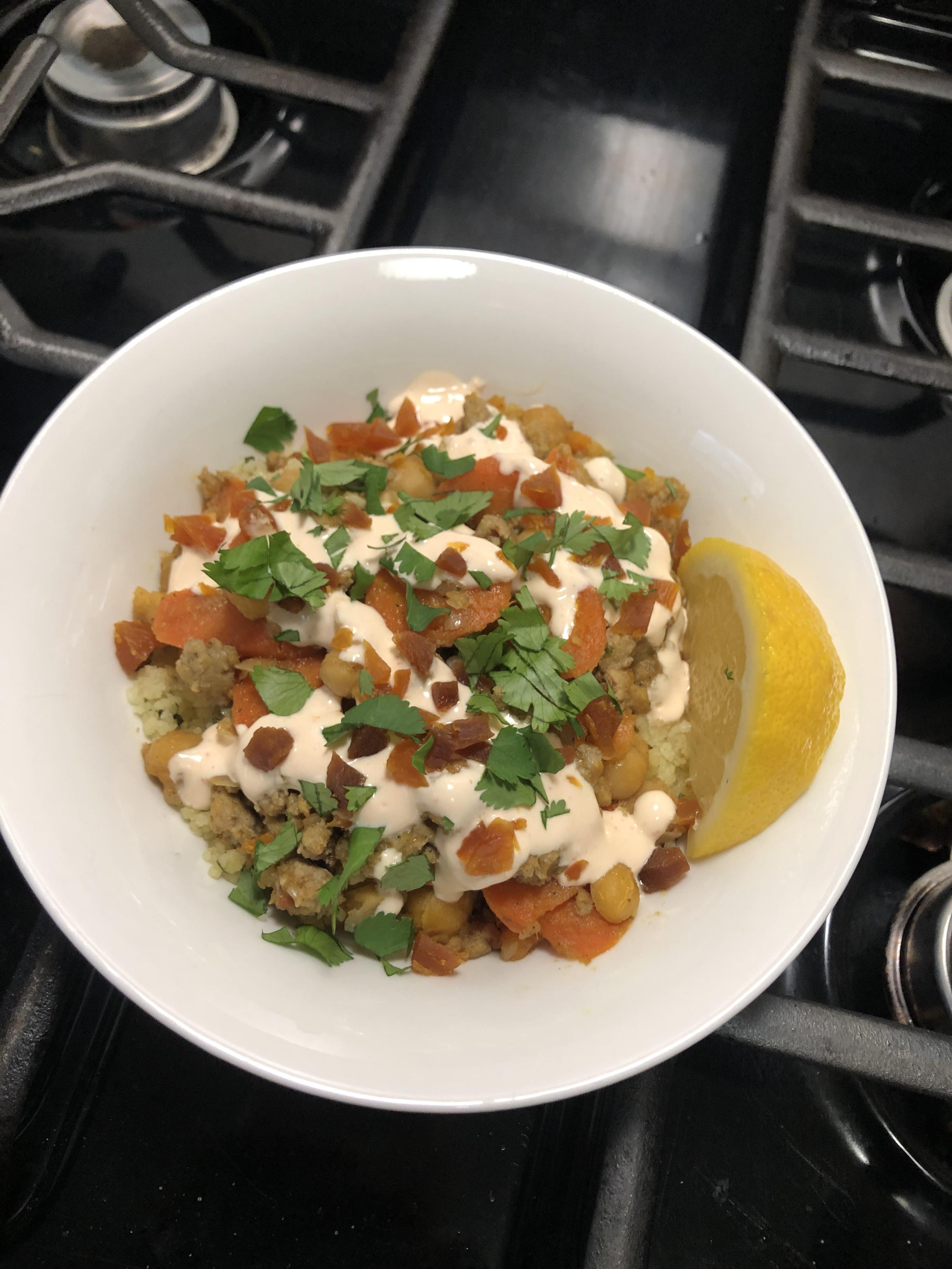 No box this week so I recreated the Moroccan Chicken Sausage Tagine. No