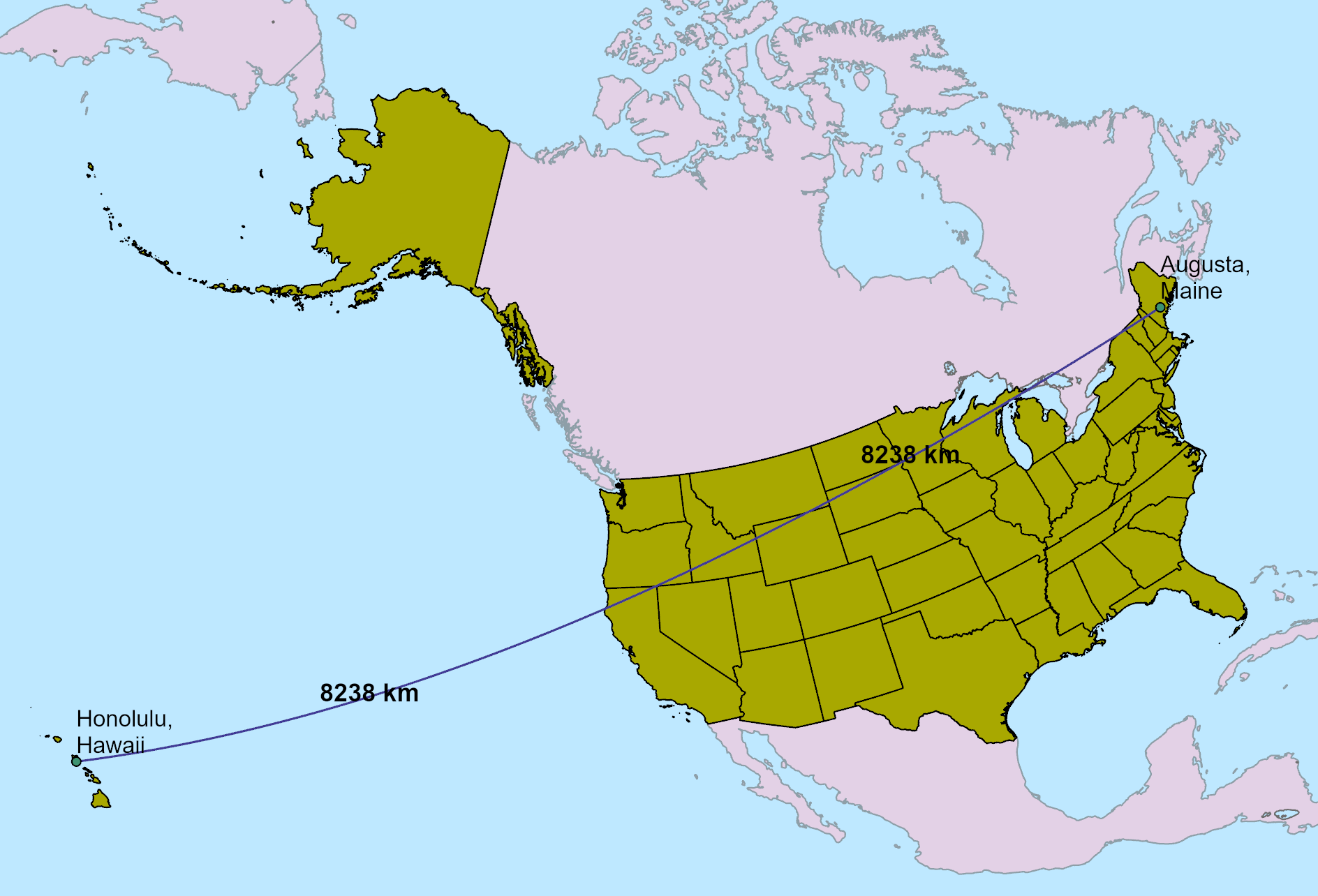 Distance from Augusta, Maine to Honolulu, Hawaii compared to the