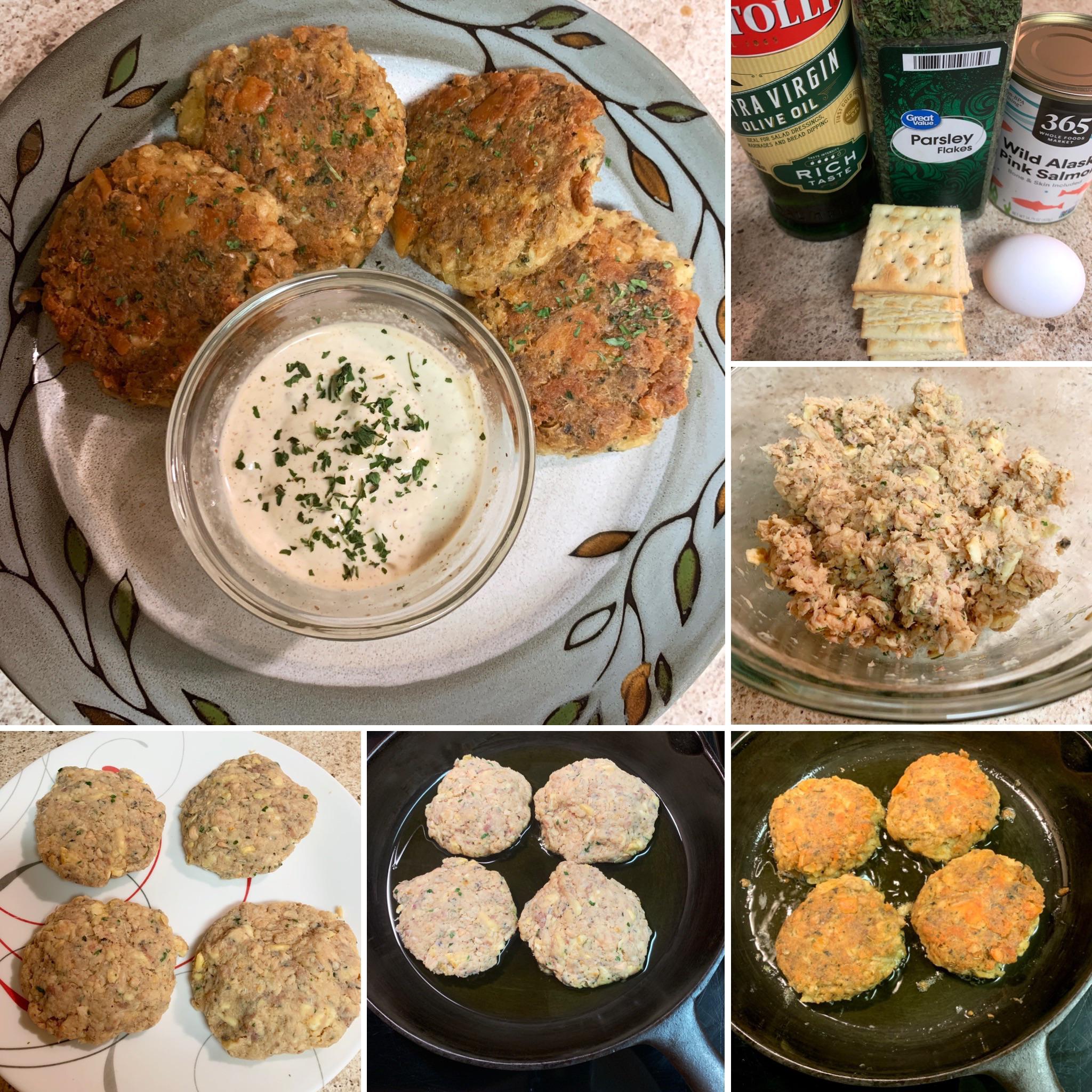 Tonight’s dinner was salmon patties with a mayo, capers, mustard and