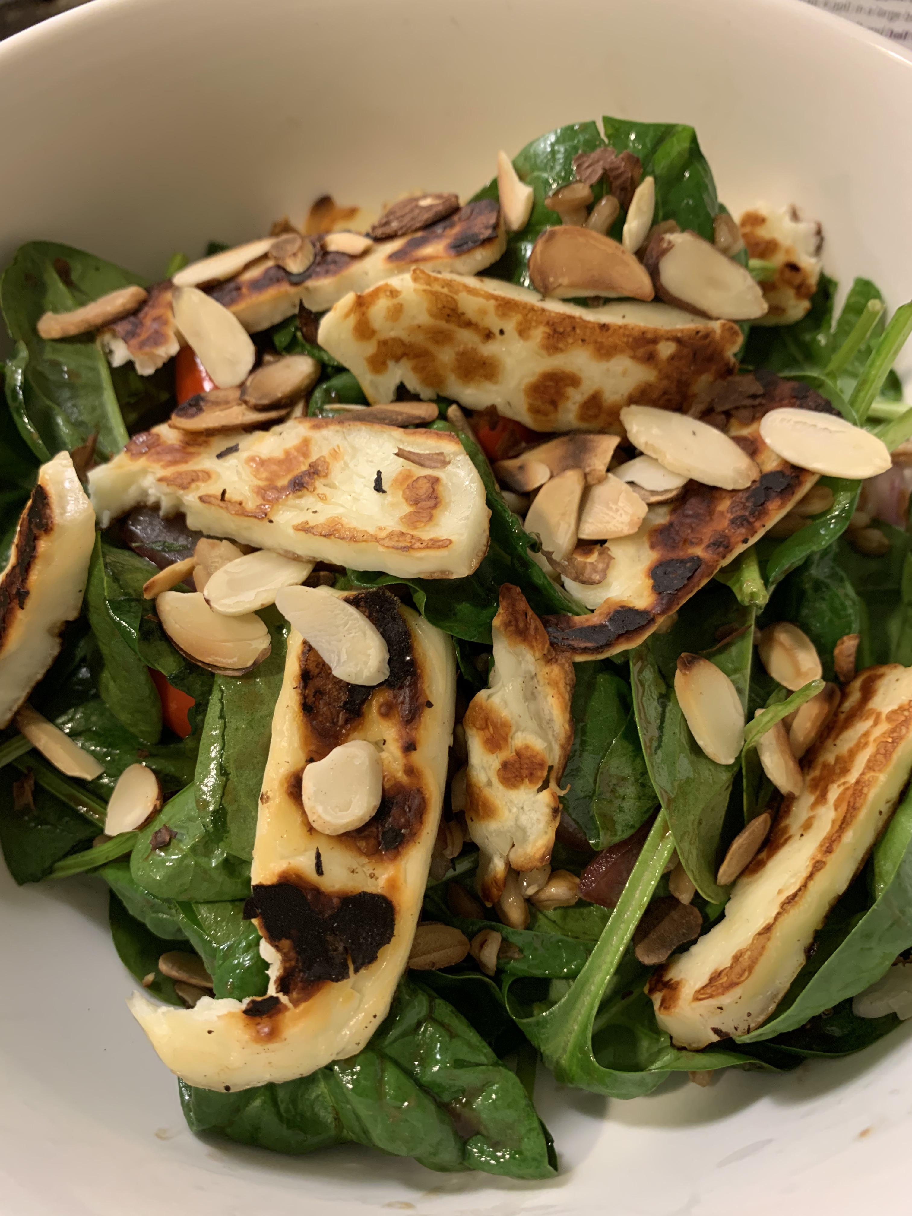 Farro and Halloumi Salad with Fig Dressing, Veggies and Toasted Almonds
