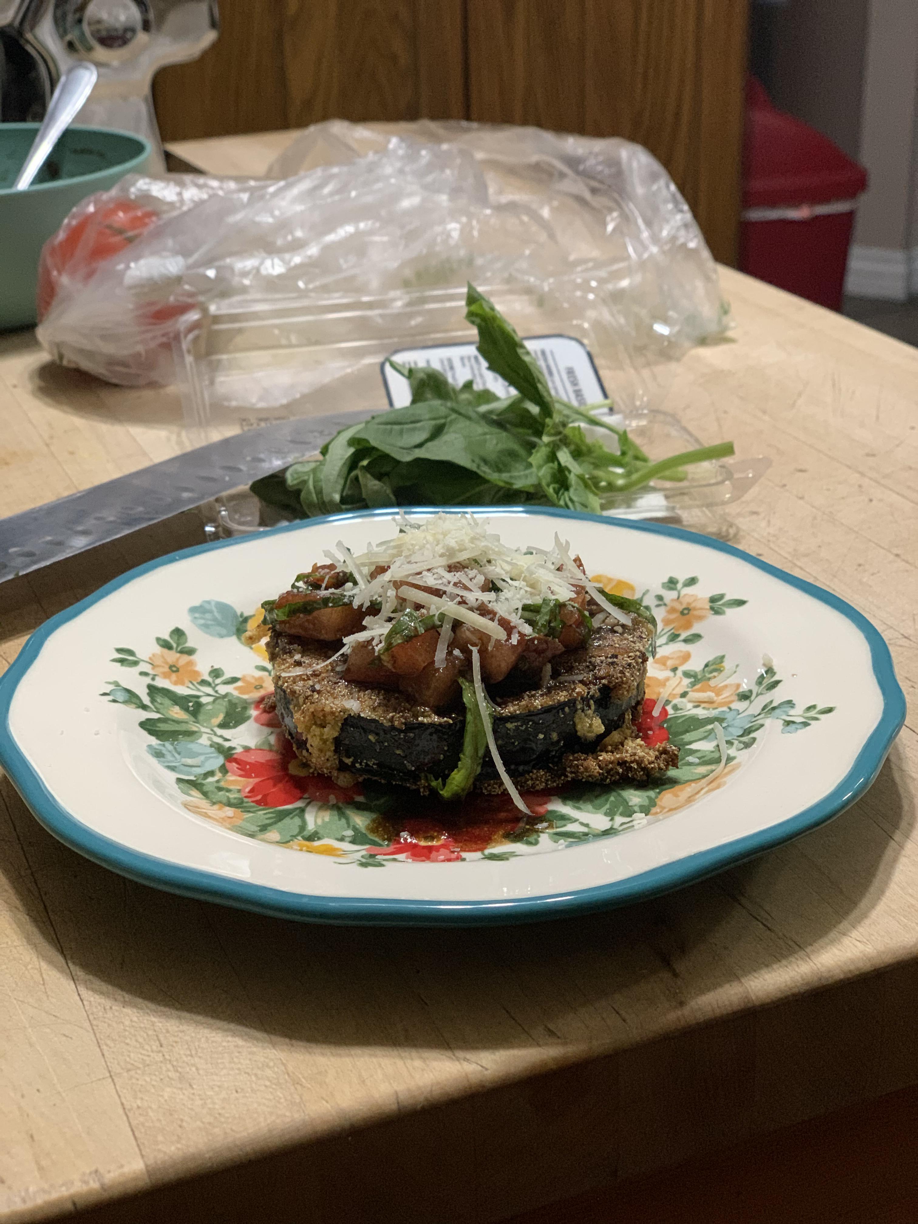 Parmesan and Panko crusted Eggplant with Caprese and shredded parm on