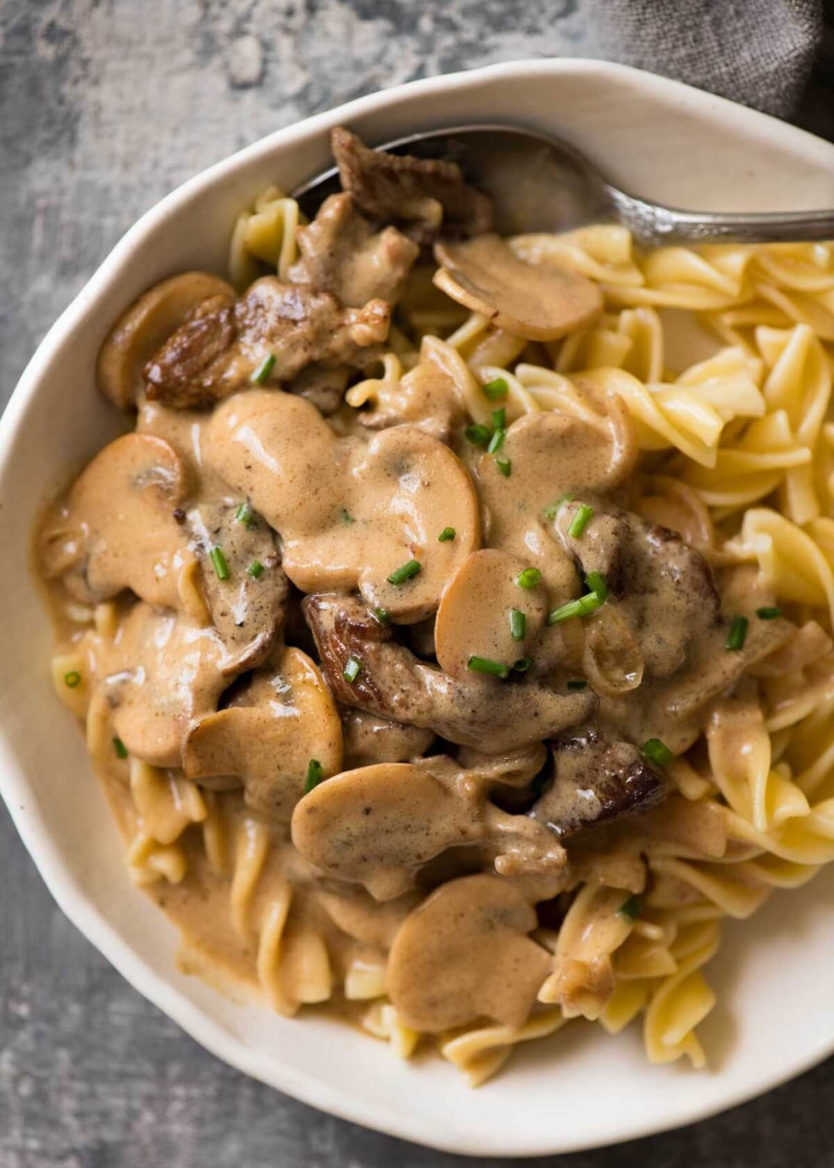 Juicy strips of beef smothered in a sour cream mushroom gravy. Beef