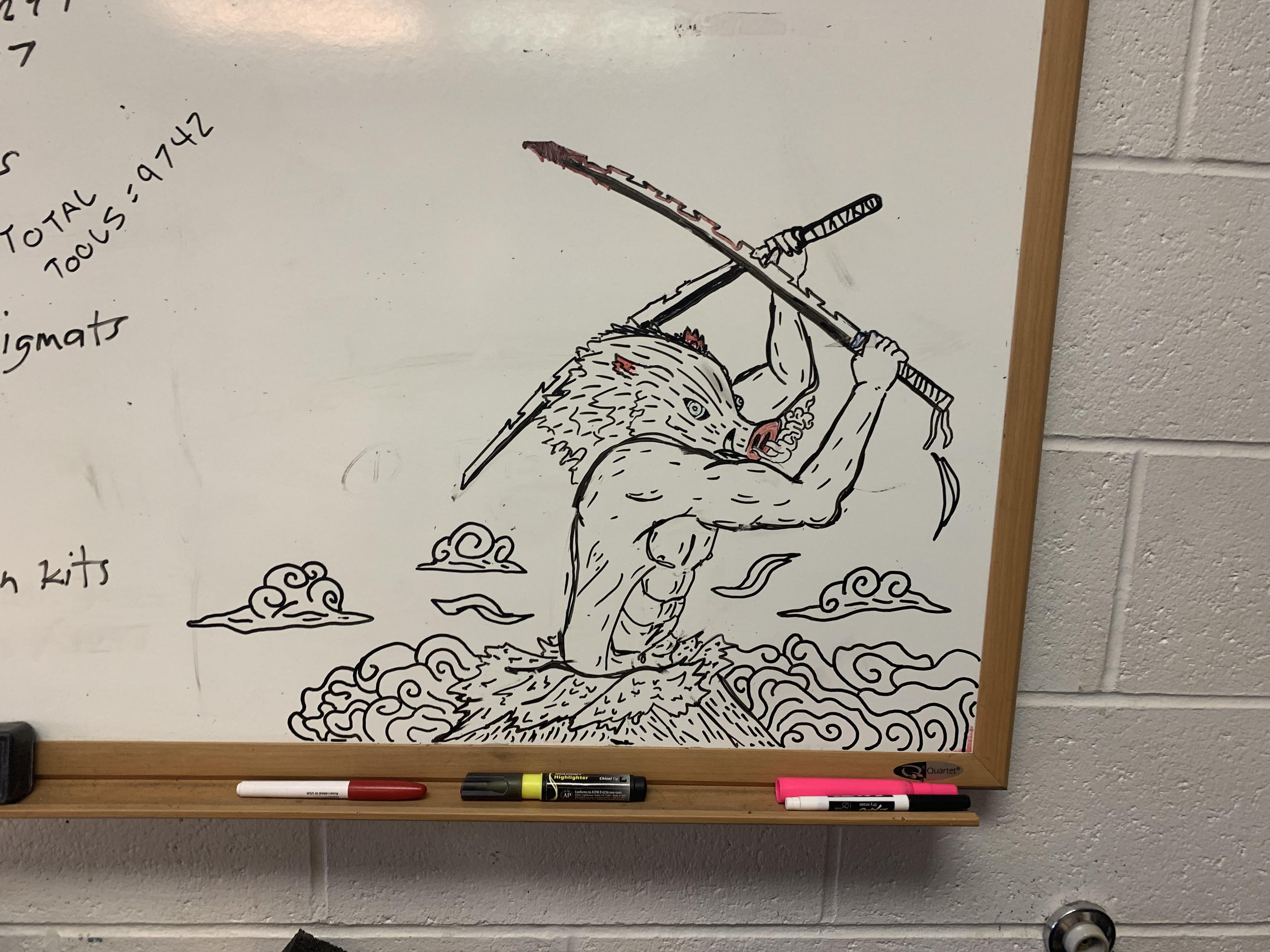 Made a dry erase drawing of Inosuke at work last night. Anyone else’s favorite character