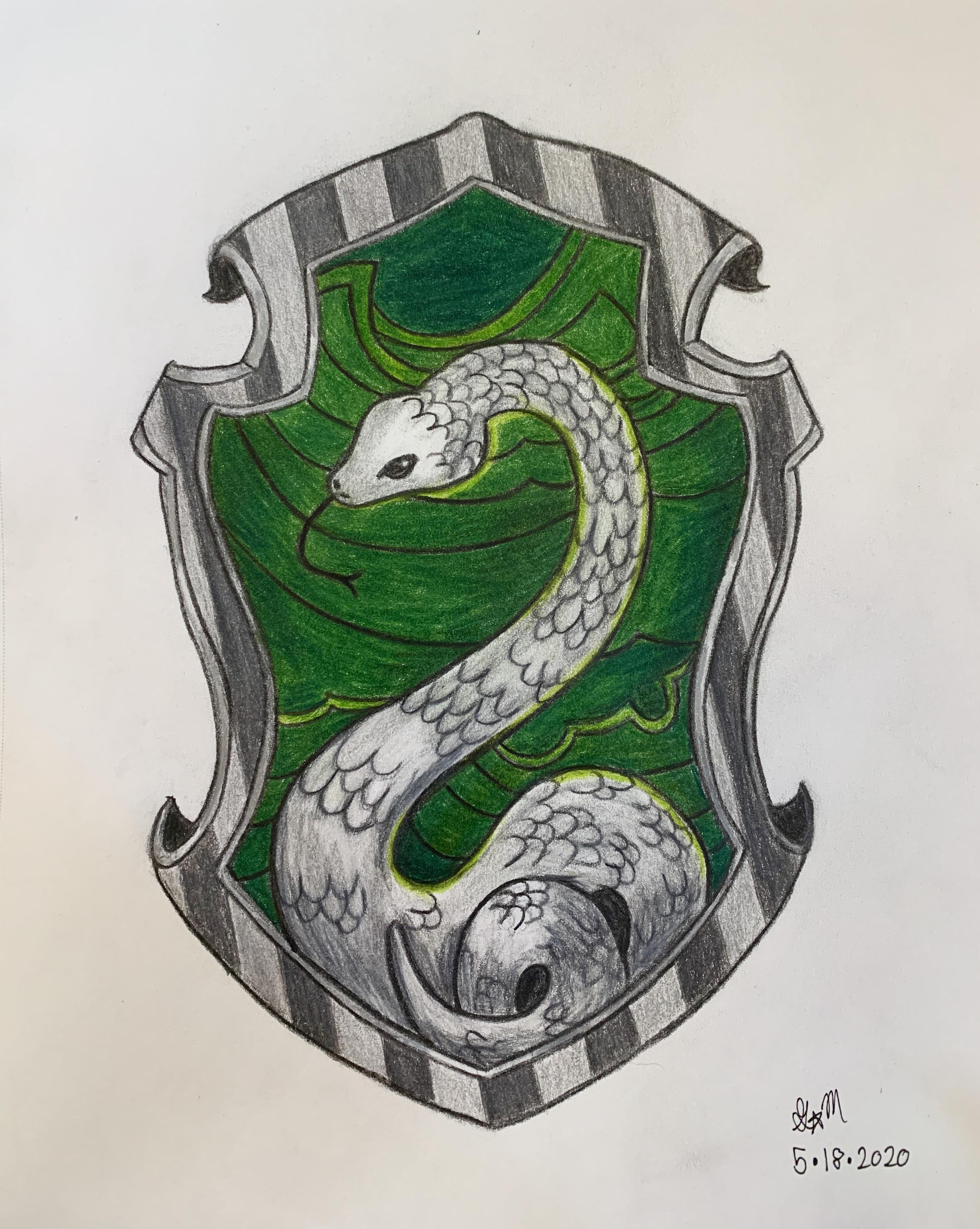The completed drawing of the Slytherin Crest! Stay cunning, ambitious