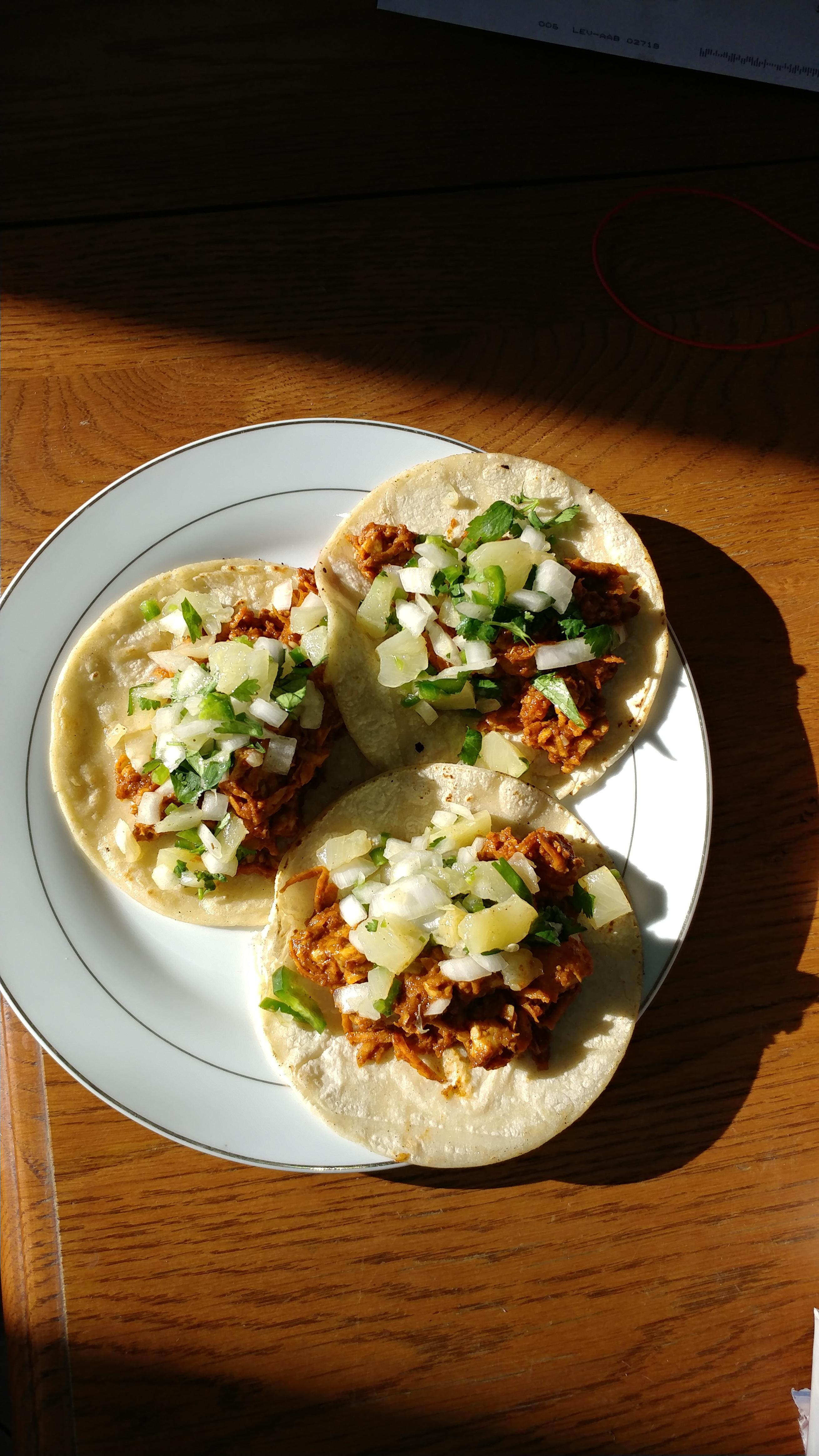 Sweet potato/tempeh al pastor tacos with pineapple salsa r/vegan