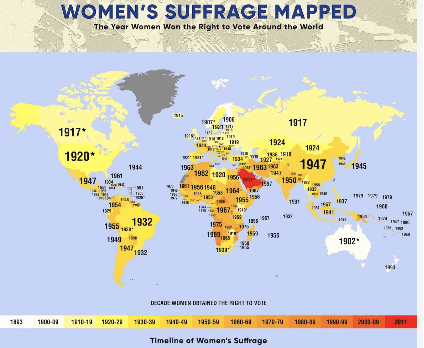 Timeline of Women's Suffrage on a World Map r/MapPorn