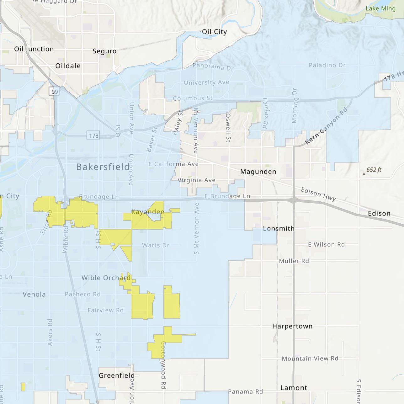 Why are large parts of East Bakersfield missing from the city limits