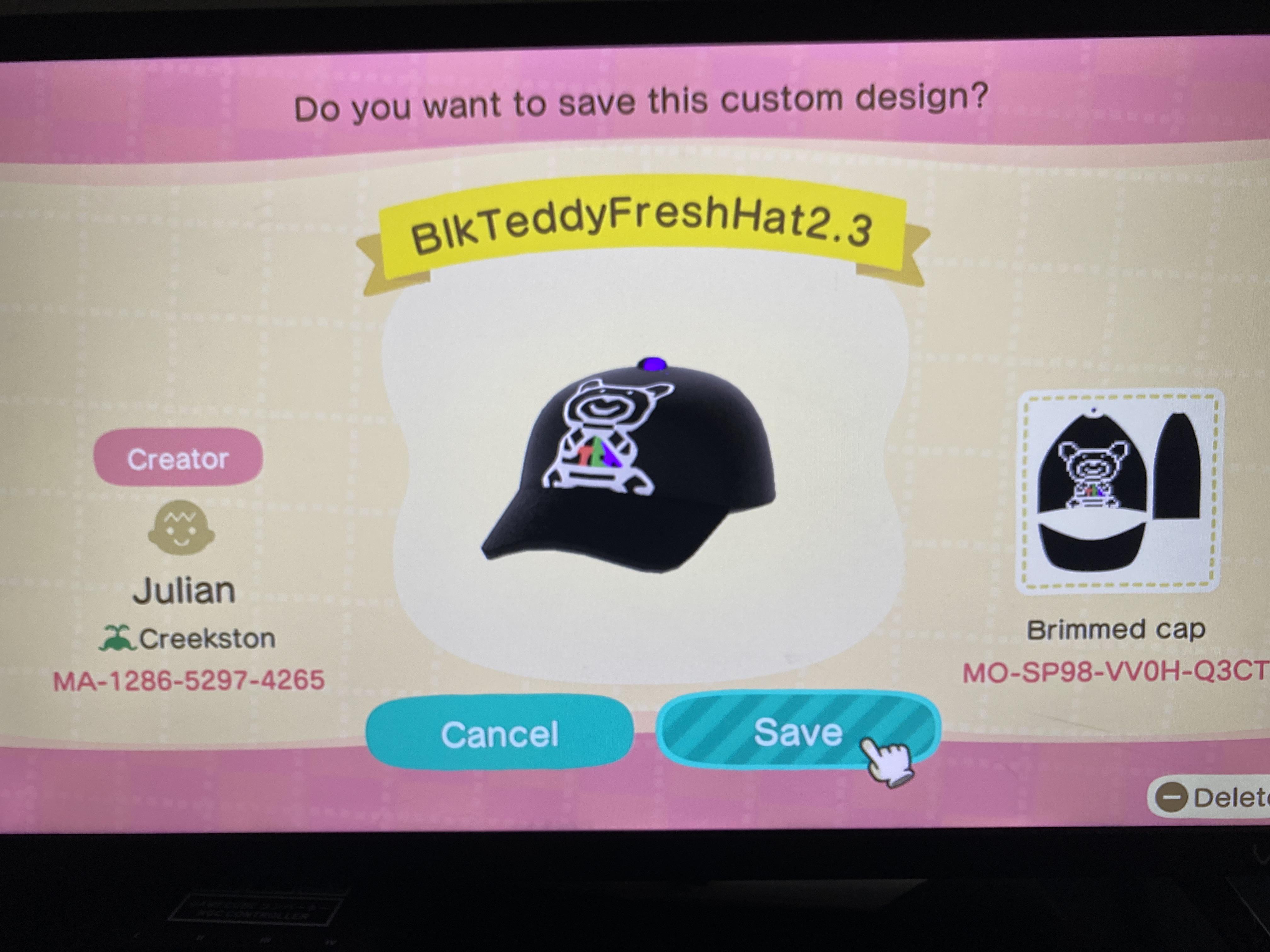 Just created my favorite Teddy fresh hat in Animal Crossing (if you