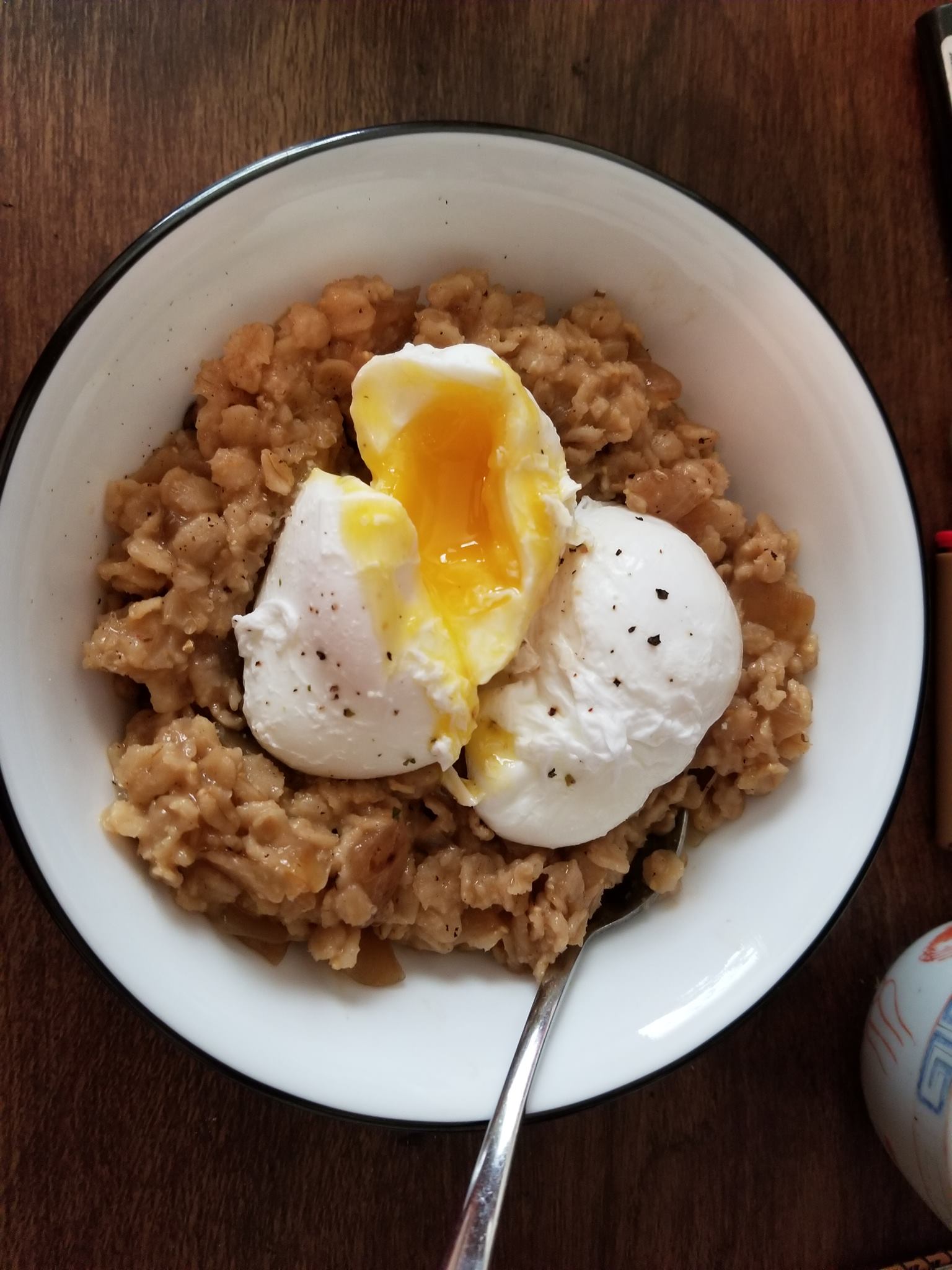 My favorite bowl of oatmeal is savory, with caramelized onions, chicken