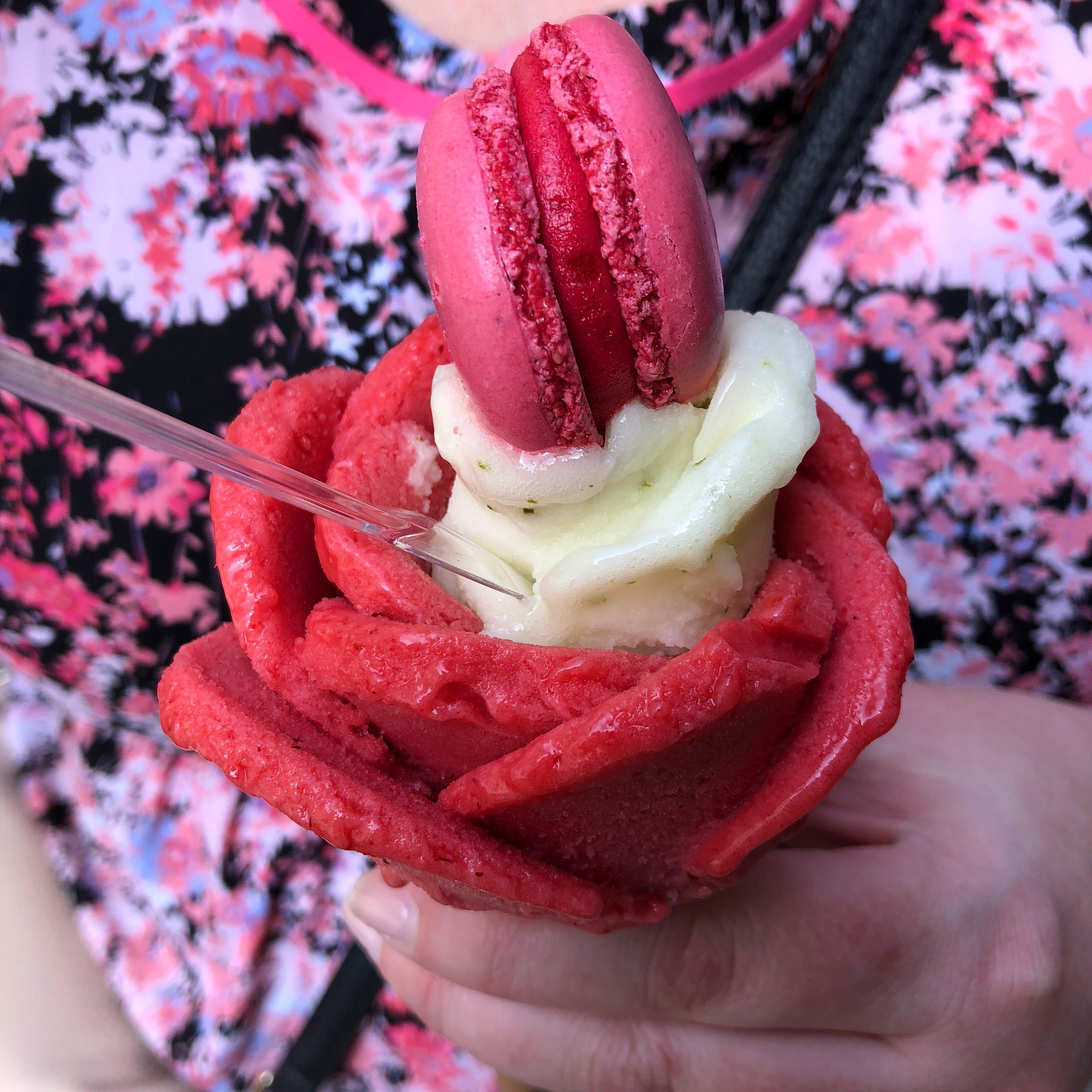 [I ate] Lime & basil and strawberry gelato w/ a raspberry macaron from