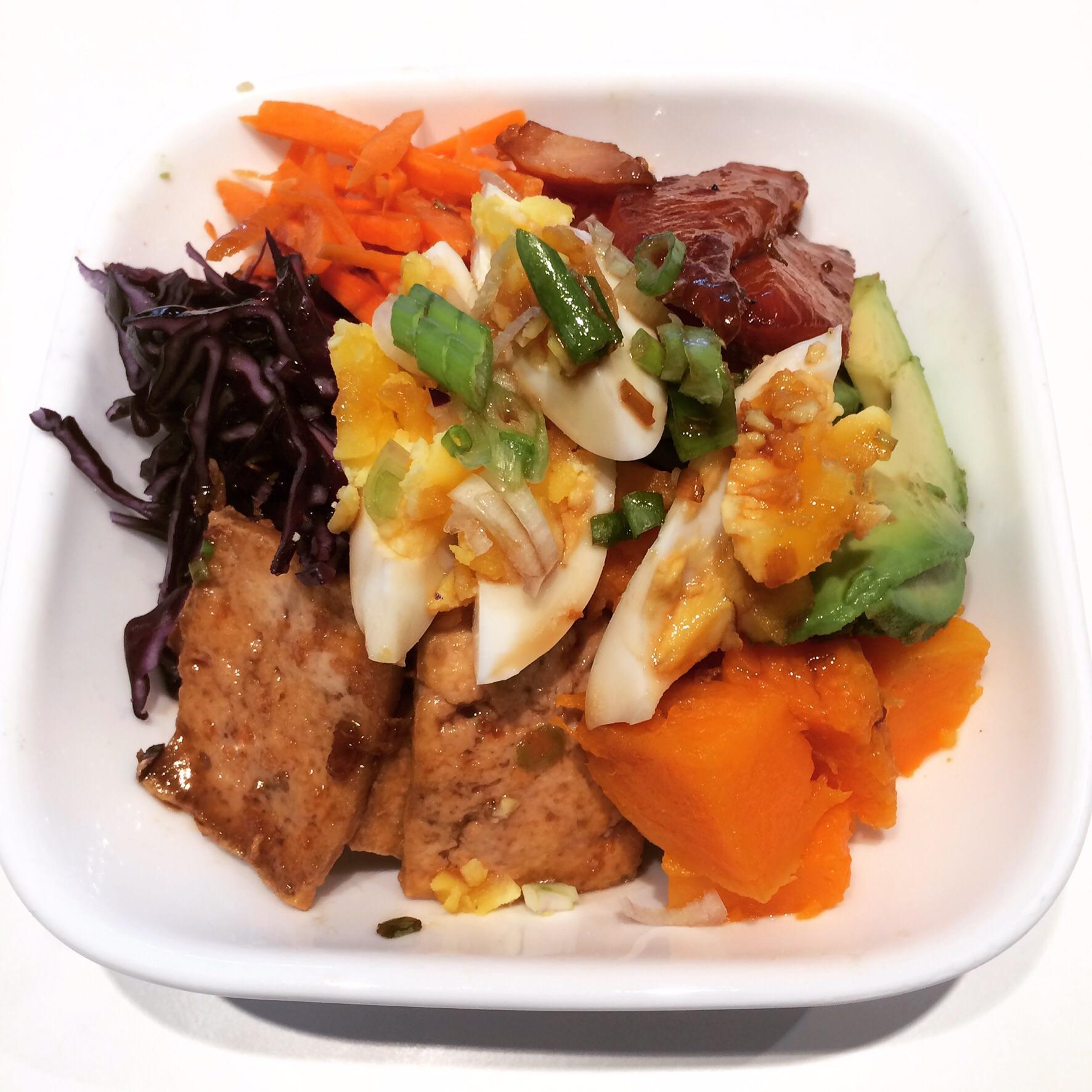 [homemade] Buddha bowls with candied bacon, marinated tofu, sweet potato, purple cabbage