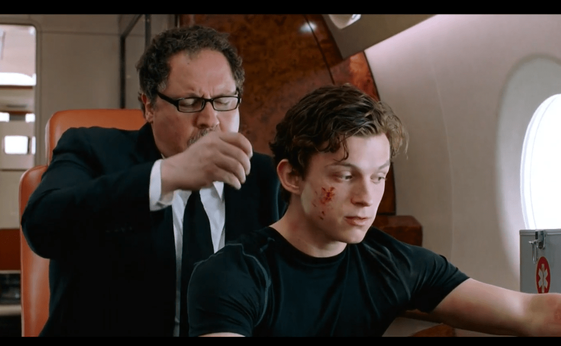 In SpiderMan Far From Home (2019), when Happy is stitching up Peter's