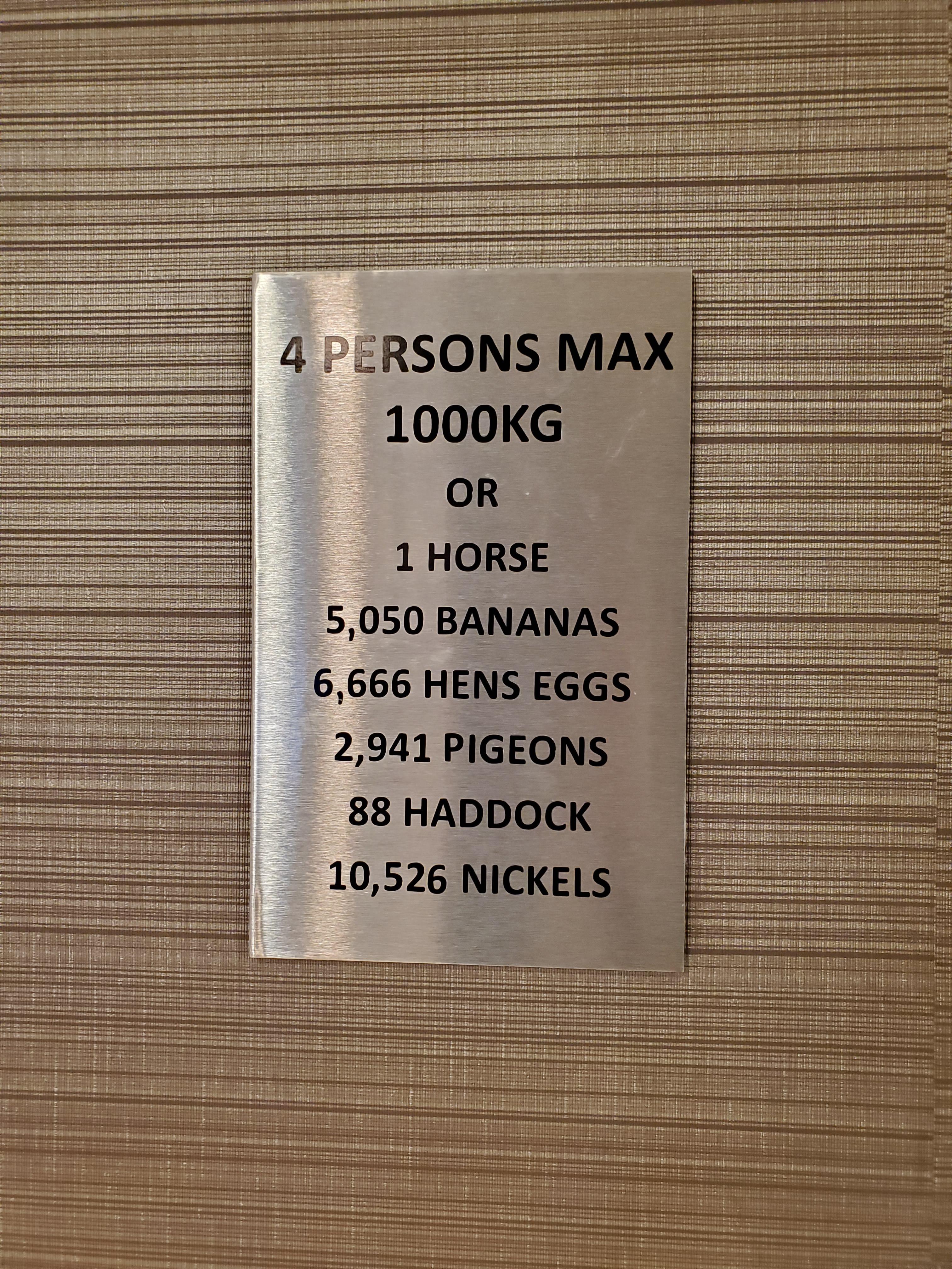 This sign for my hotel's elevator weight limit gives it in many