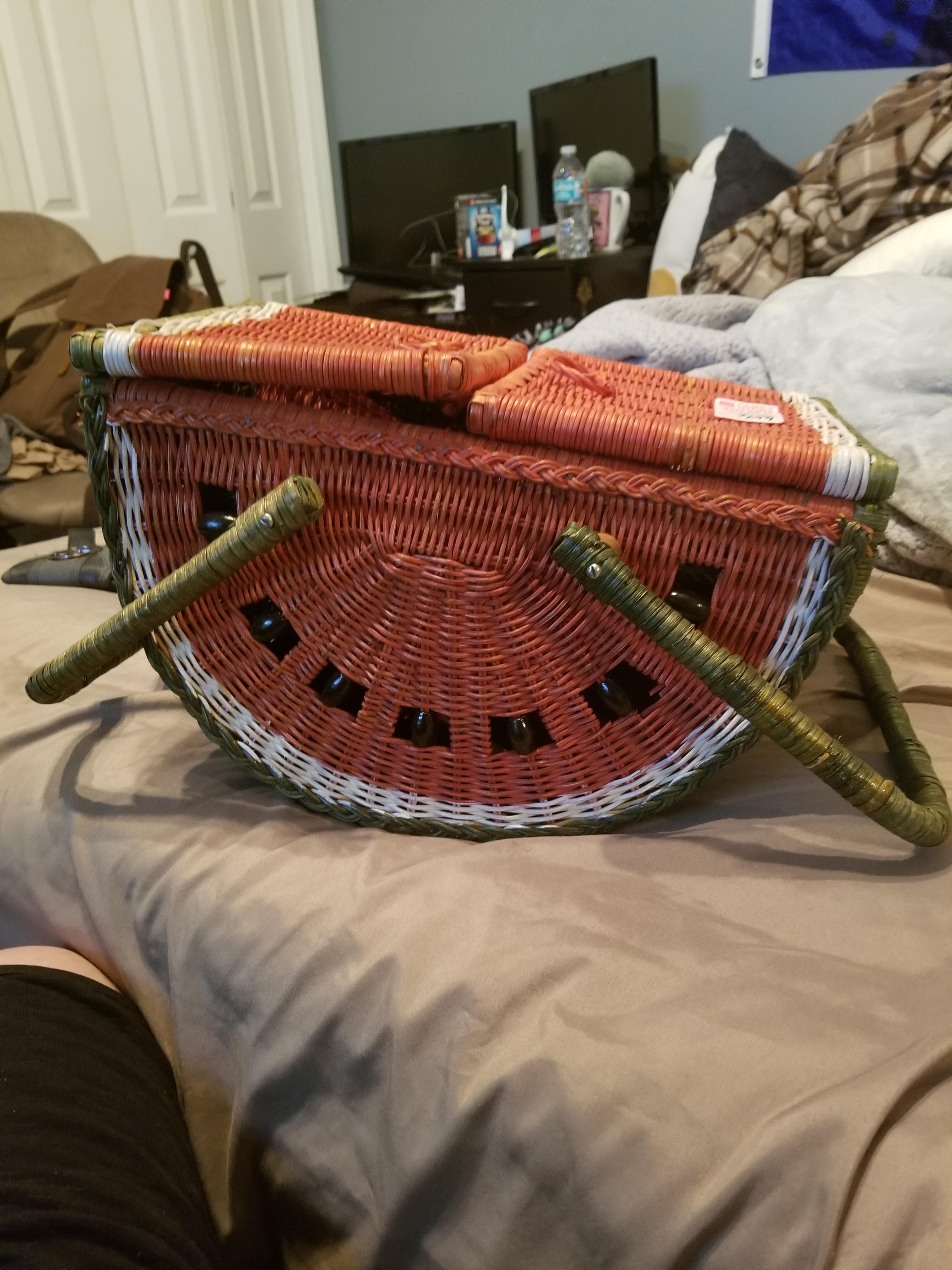 Watermelon Picnic Basket for 8 bucks at salvation army. Includes