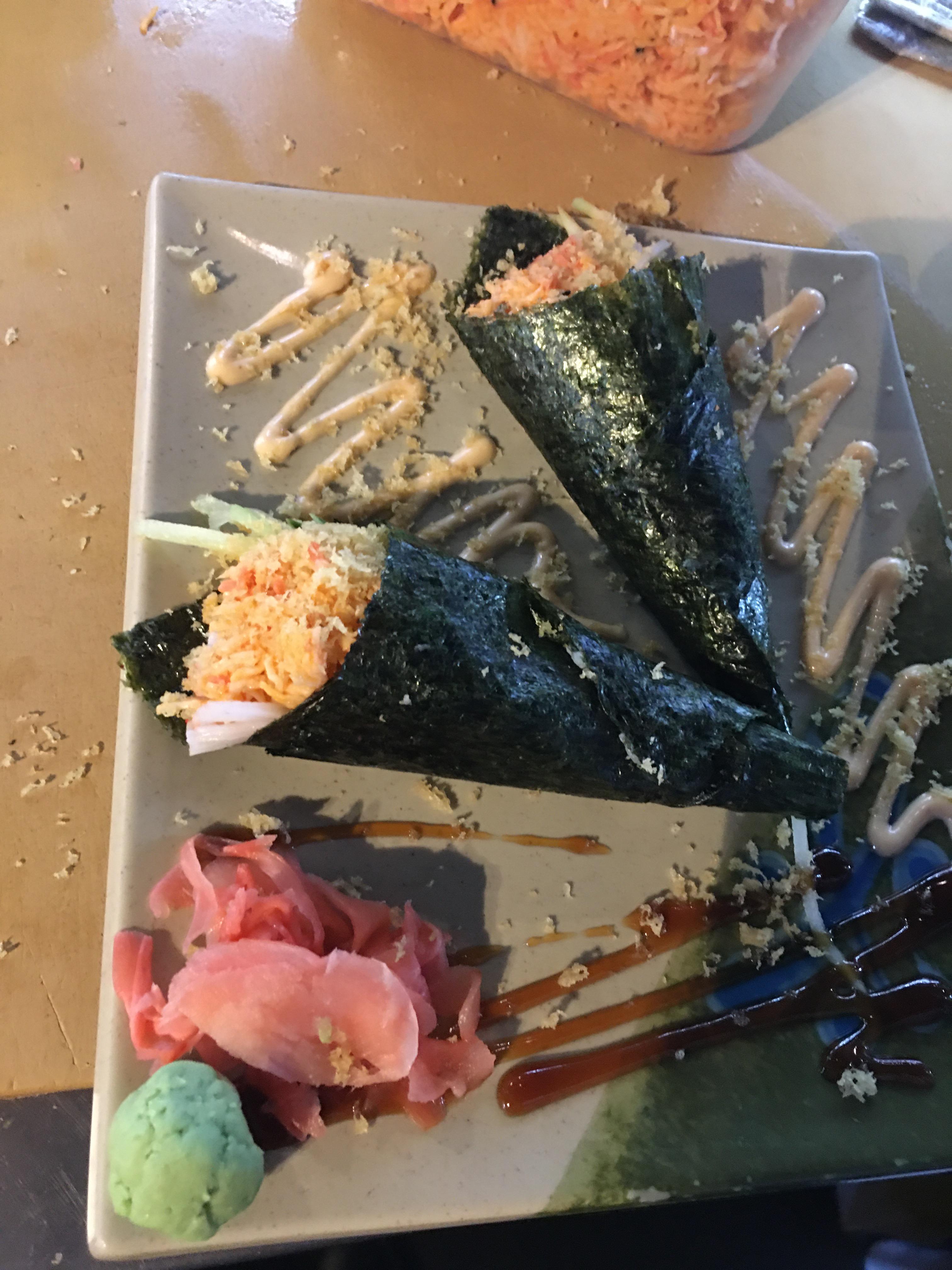 Hand roll extravaganza... California style and spicy crab with tempura