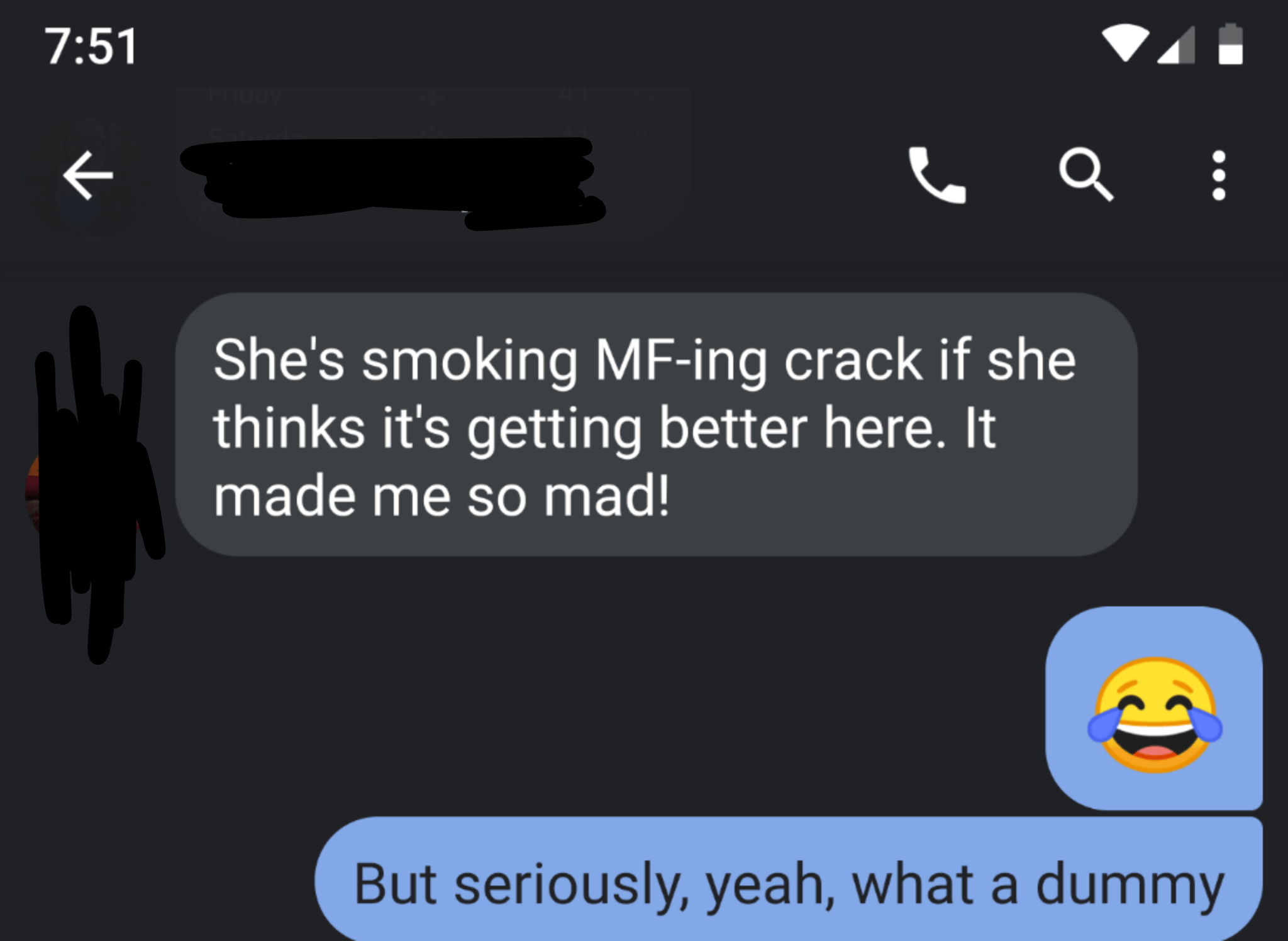 Text from the wife complaining about a coworker... She gets it