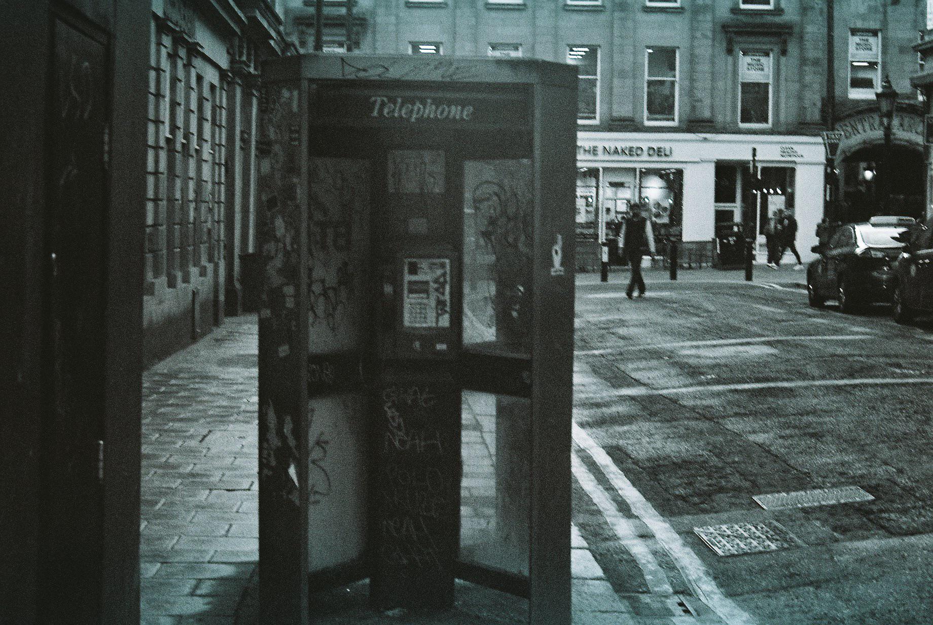 A pay phone in Newcastle Upon Tyne, England. (Taken on B&W 35mm film