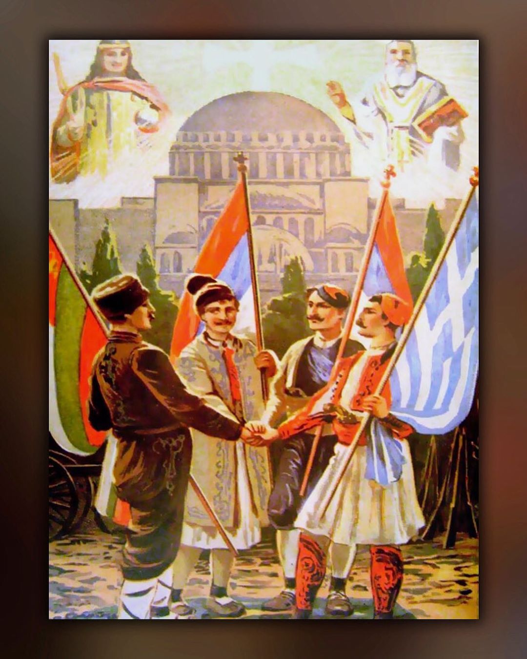 Greek postcard from First Balkan War depicting four allies from Balkan