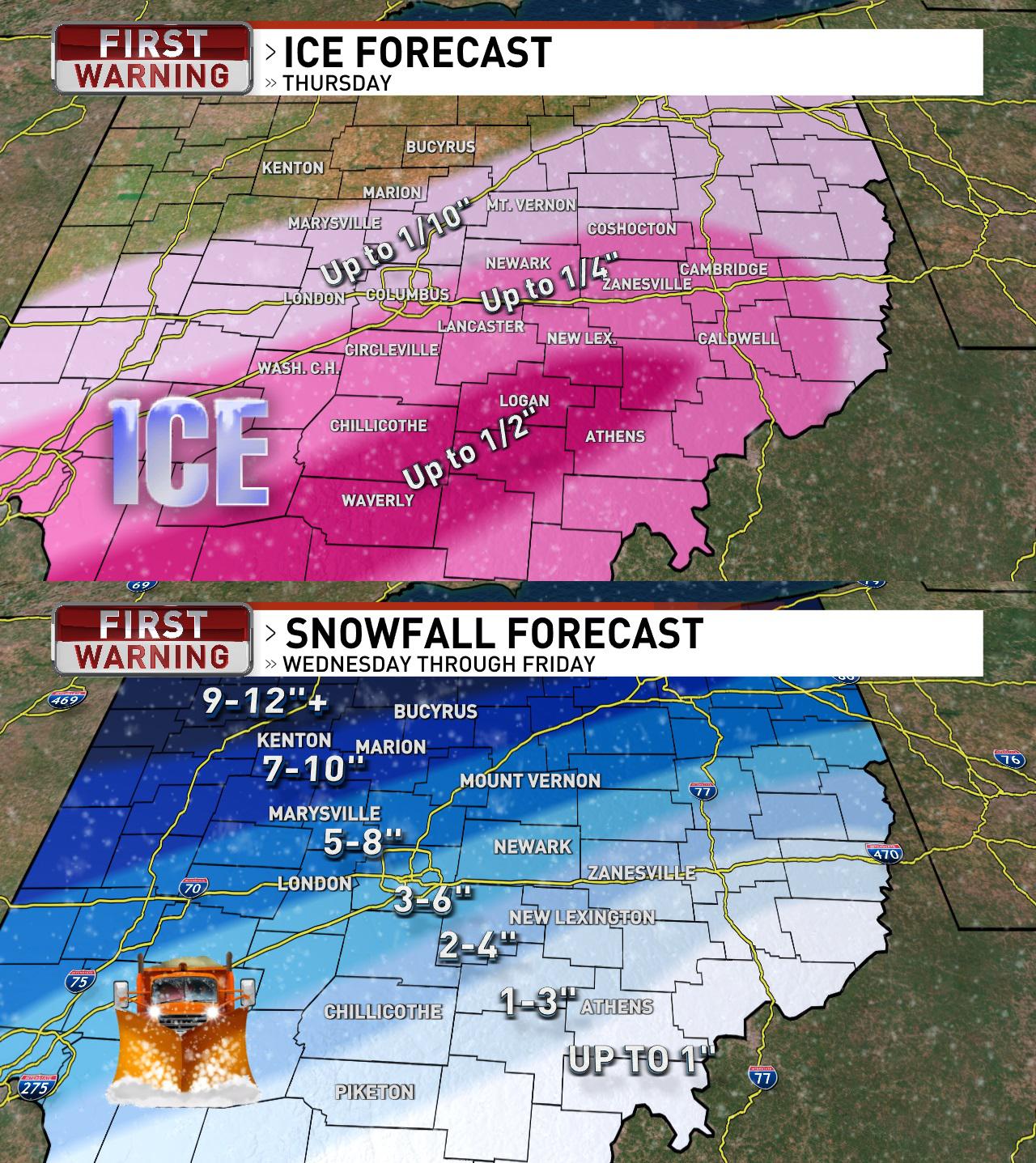 Ice & Snow forecast, as of 7AM Wednesday Columbus