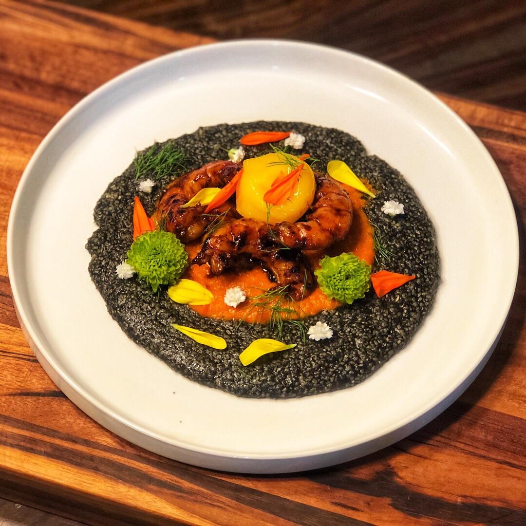 Gochujang Smoked + Sous Vide Shrimp, Squid Ink Grits, Tomato Confit