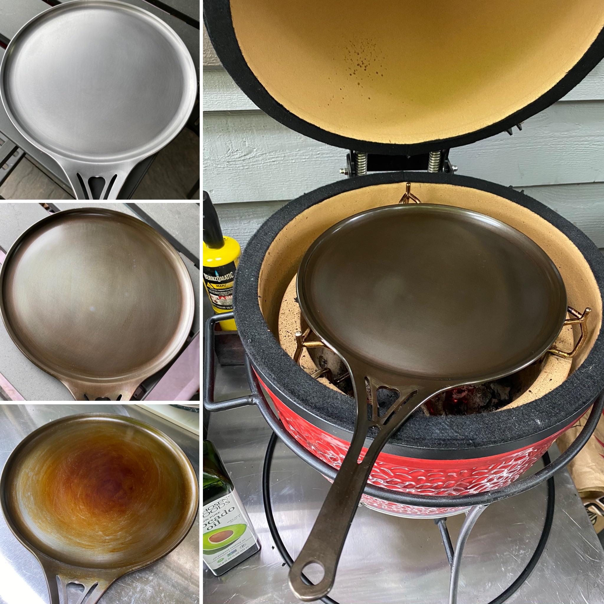 My first steel (Solidteknics US raw crepe pan), first oven treated then seasoned on my Kamado