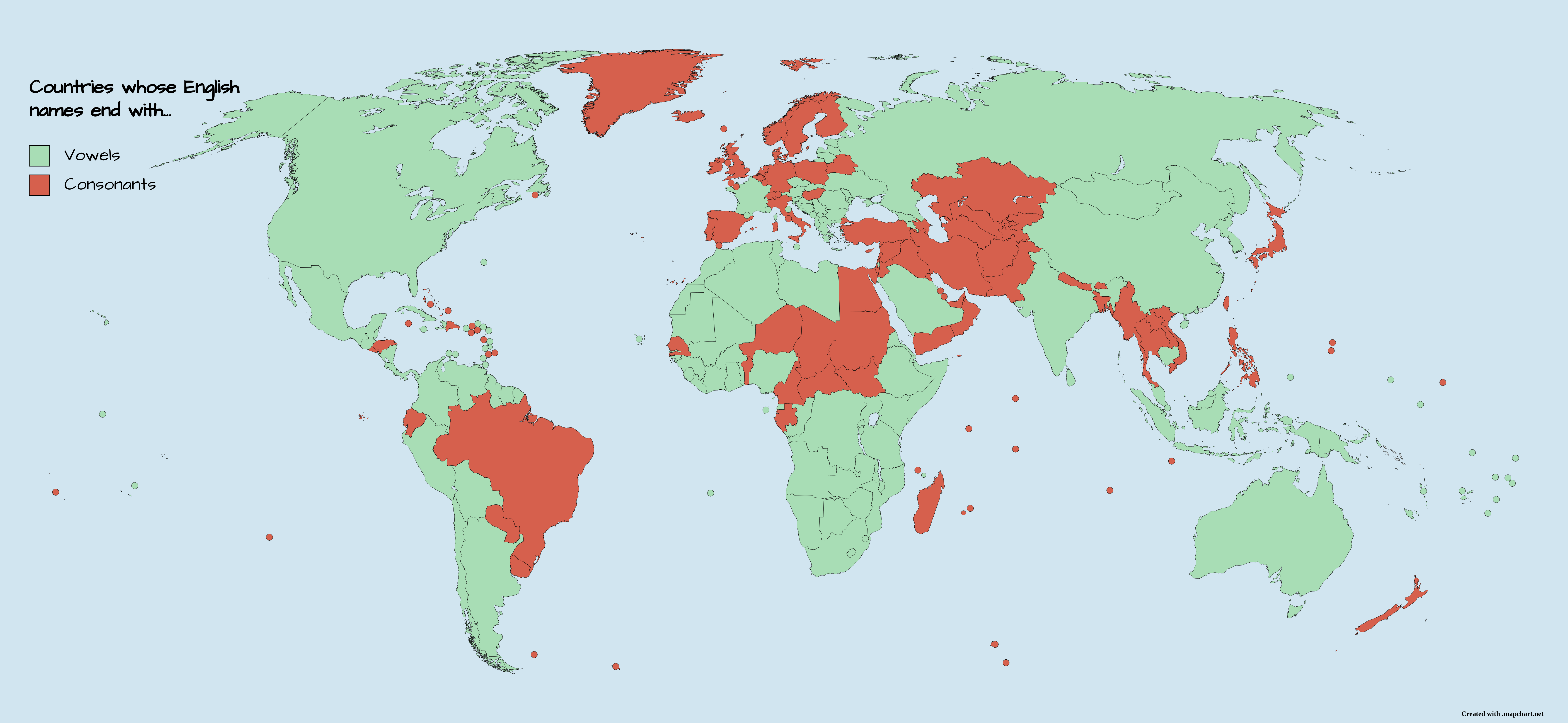 Countries whose English names end with vowels and those with consonants