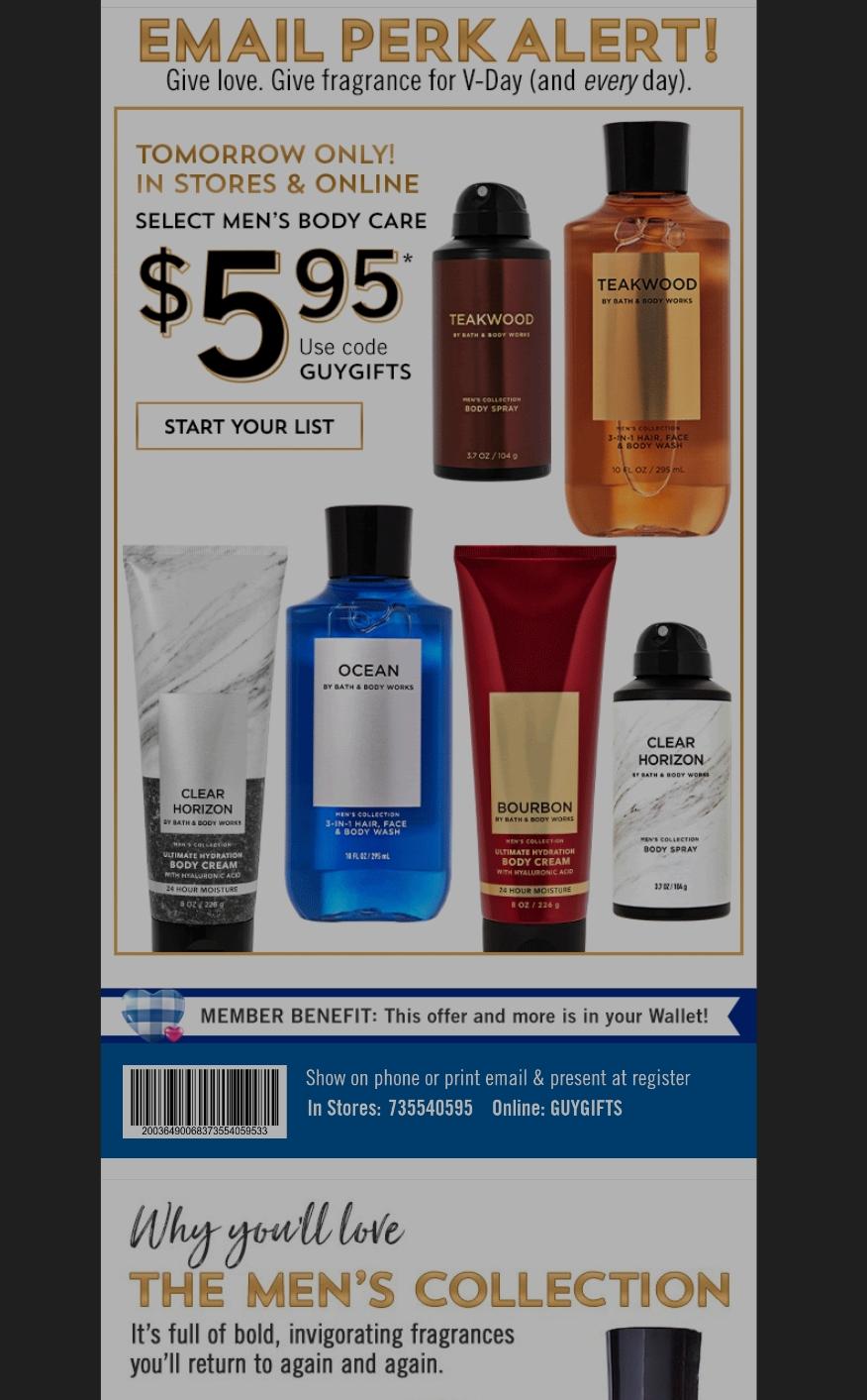 Select Mens Body Care 5.95 tomorrow only! Must use promo code