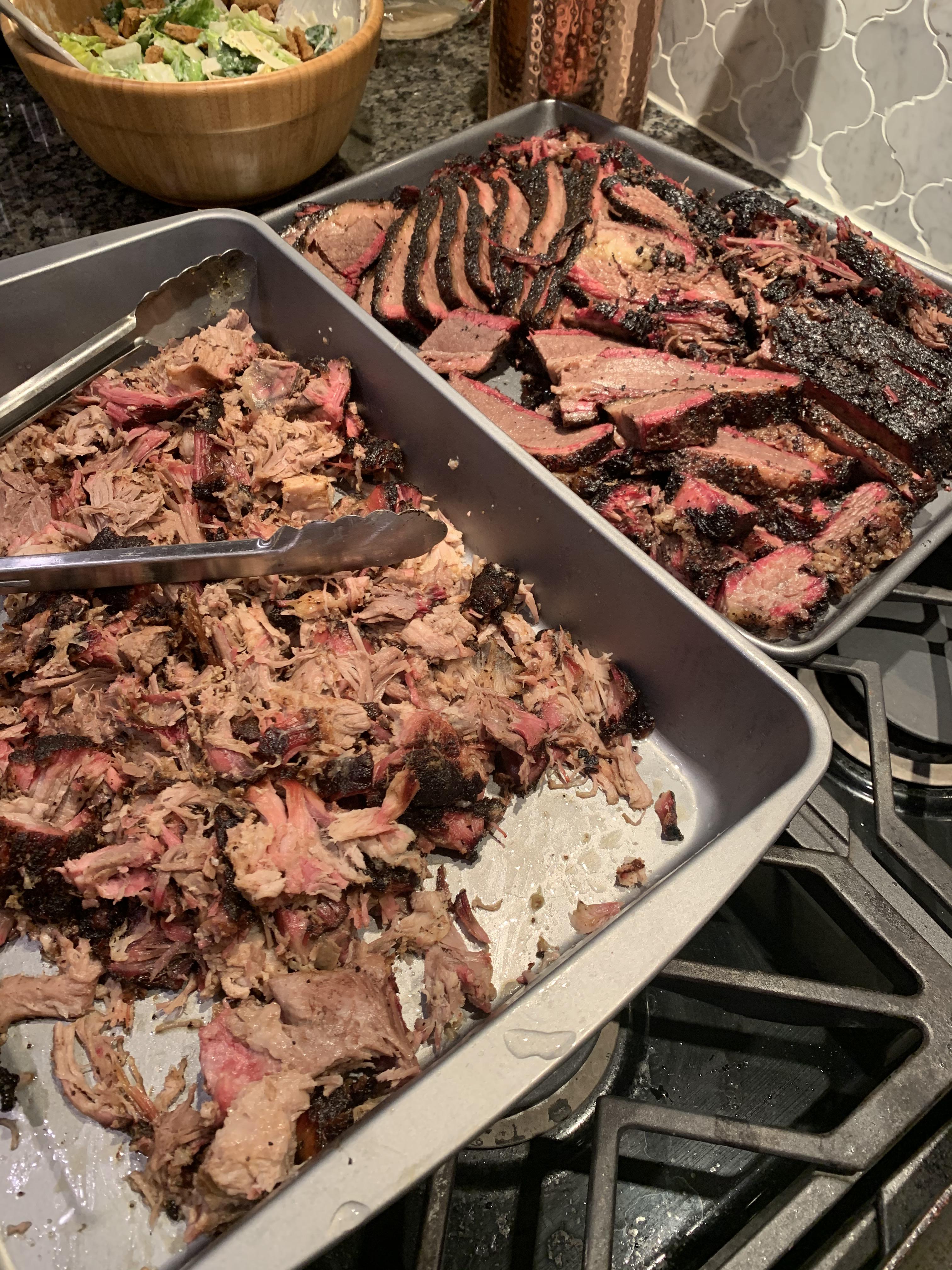 Last night’s feast. Texas Style Smoked Pork Butt and American Wagyu Brisket. Cooked at 250