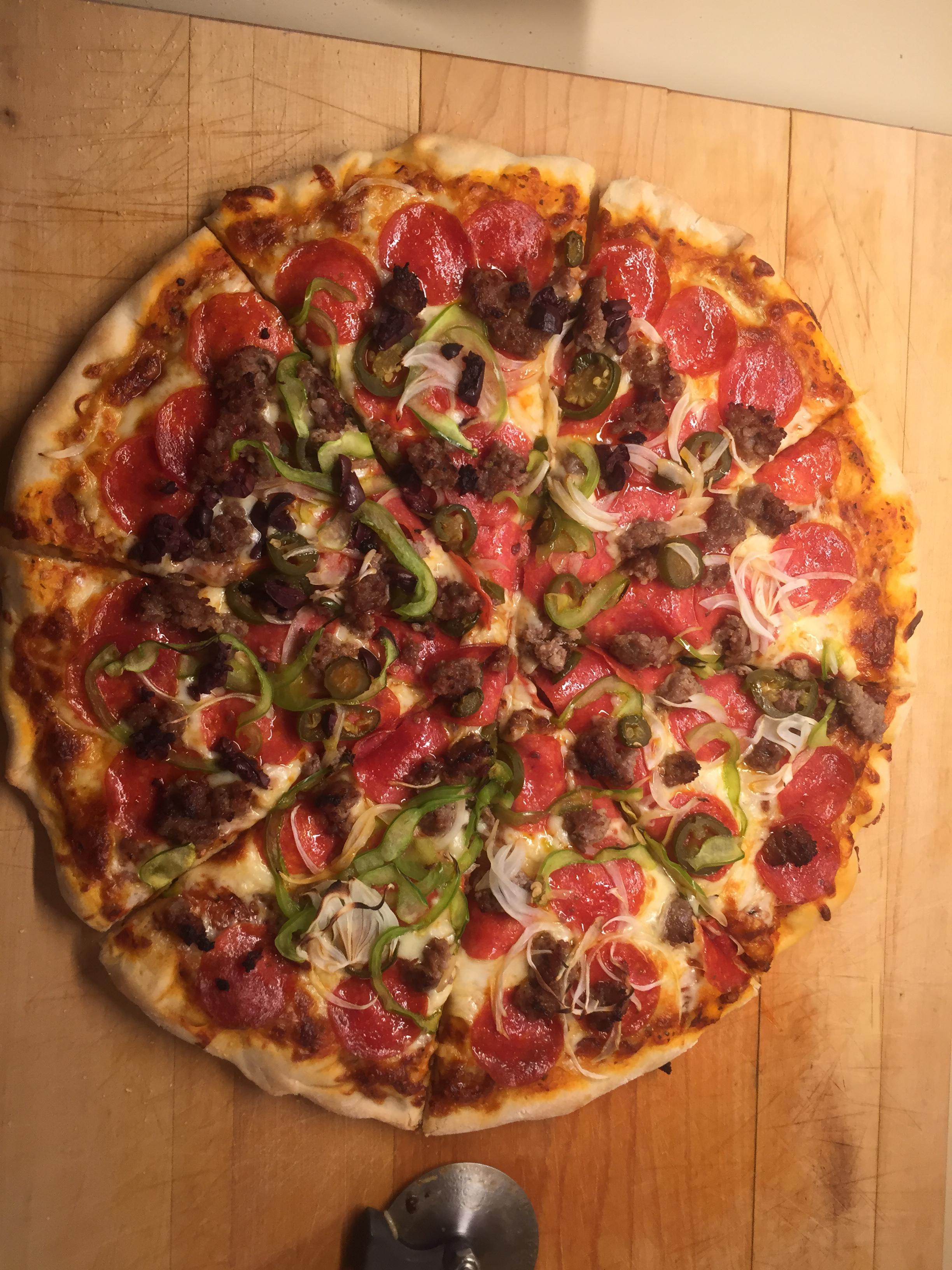[Homemade] Pizza jalapenos, sausage, pepperoni, peppers, onions, and