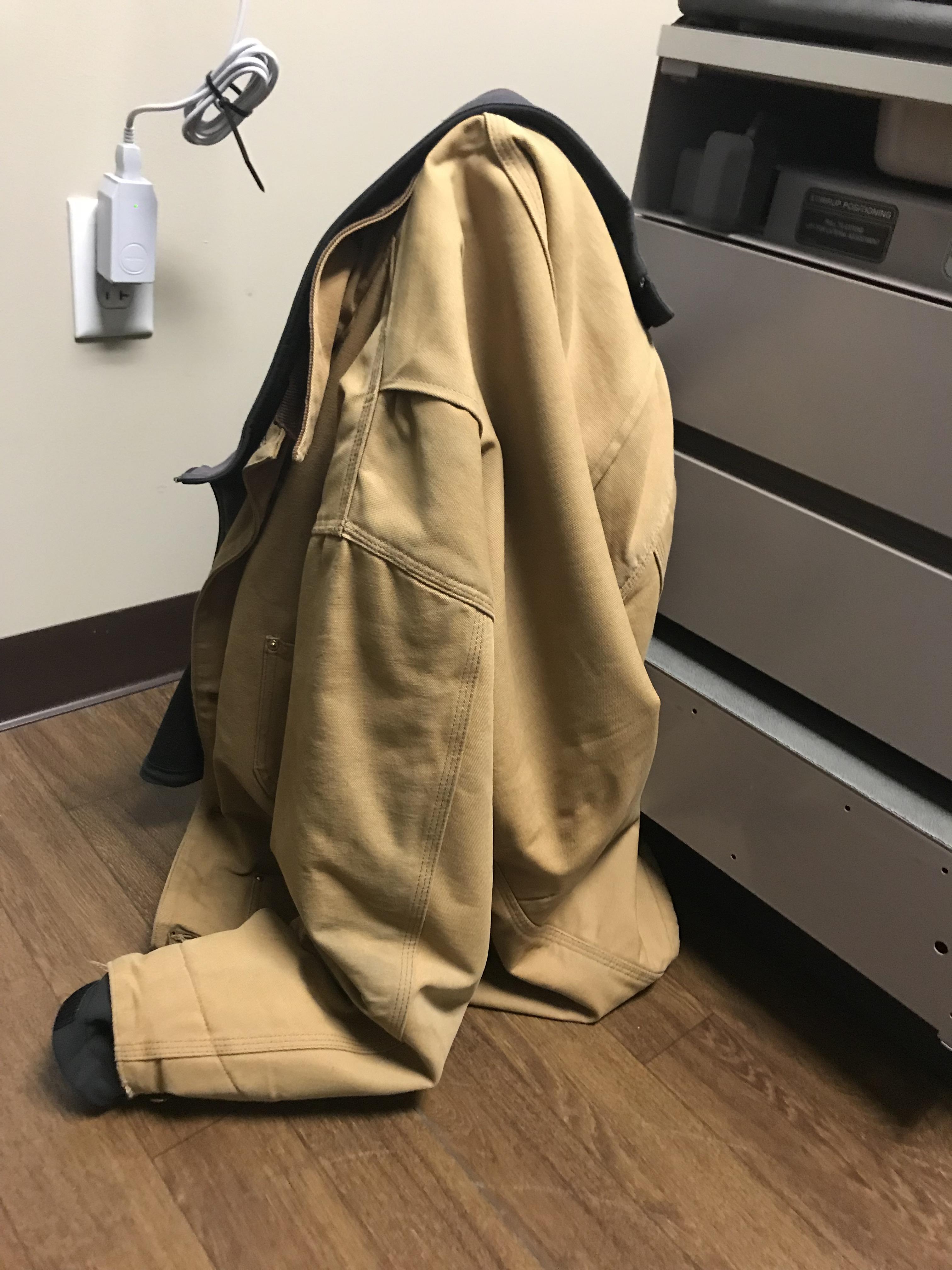 A heavy enough coat doesn’t need a coat rack or chair, it can just keep