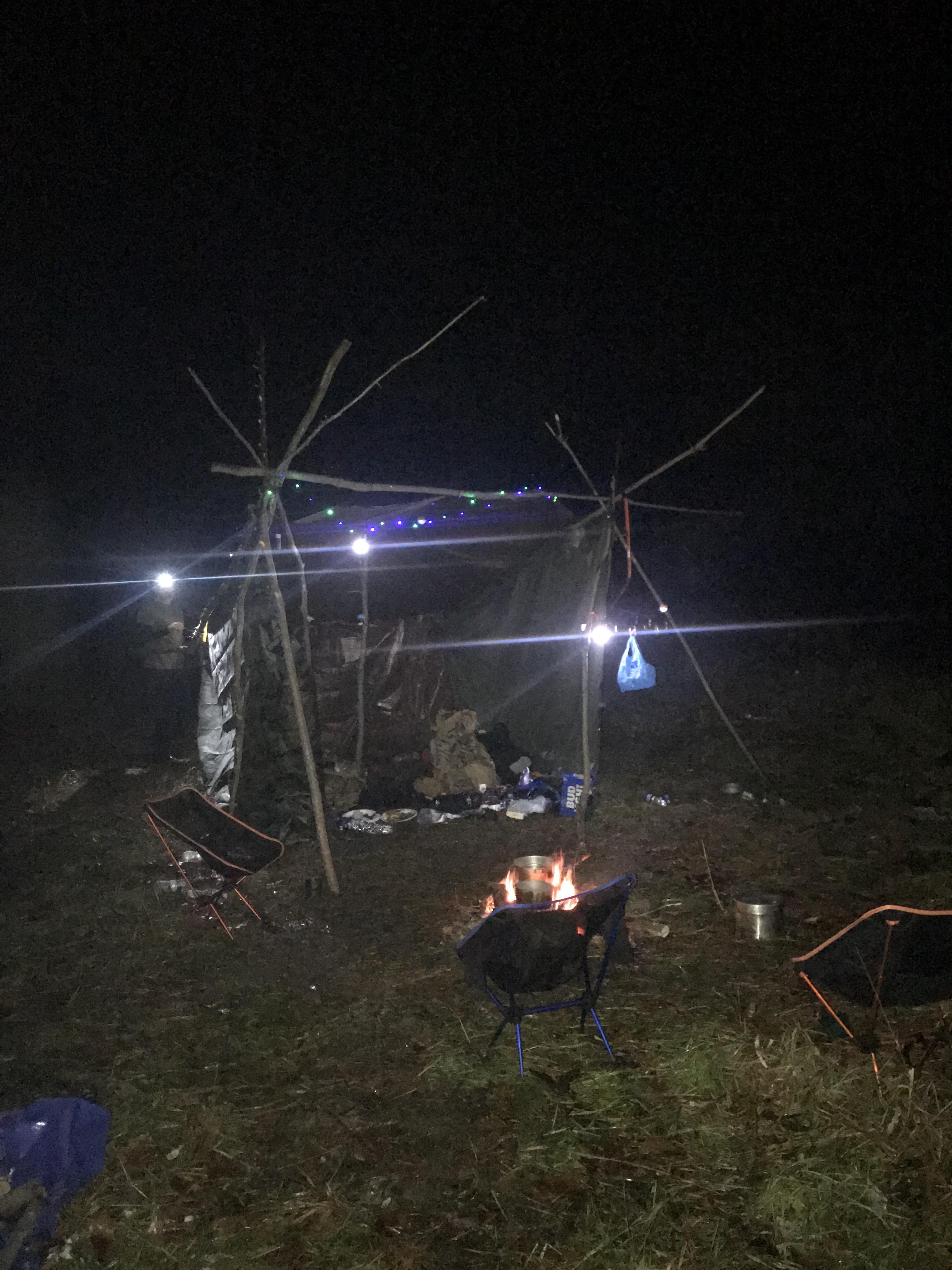 Battery operated Christmas lights on the early December camp site r