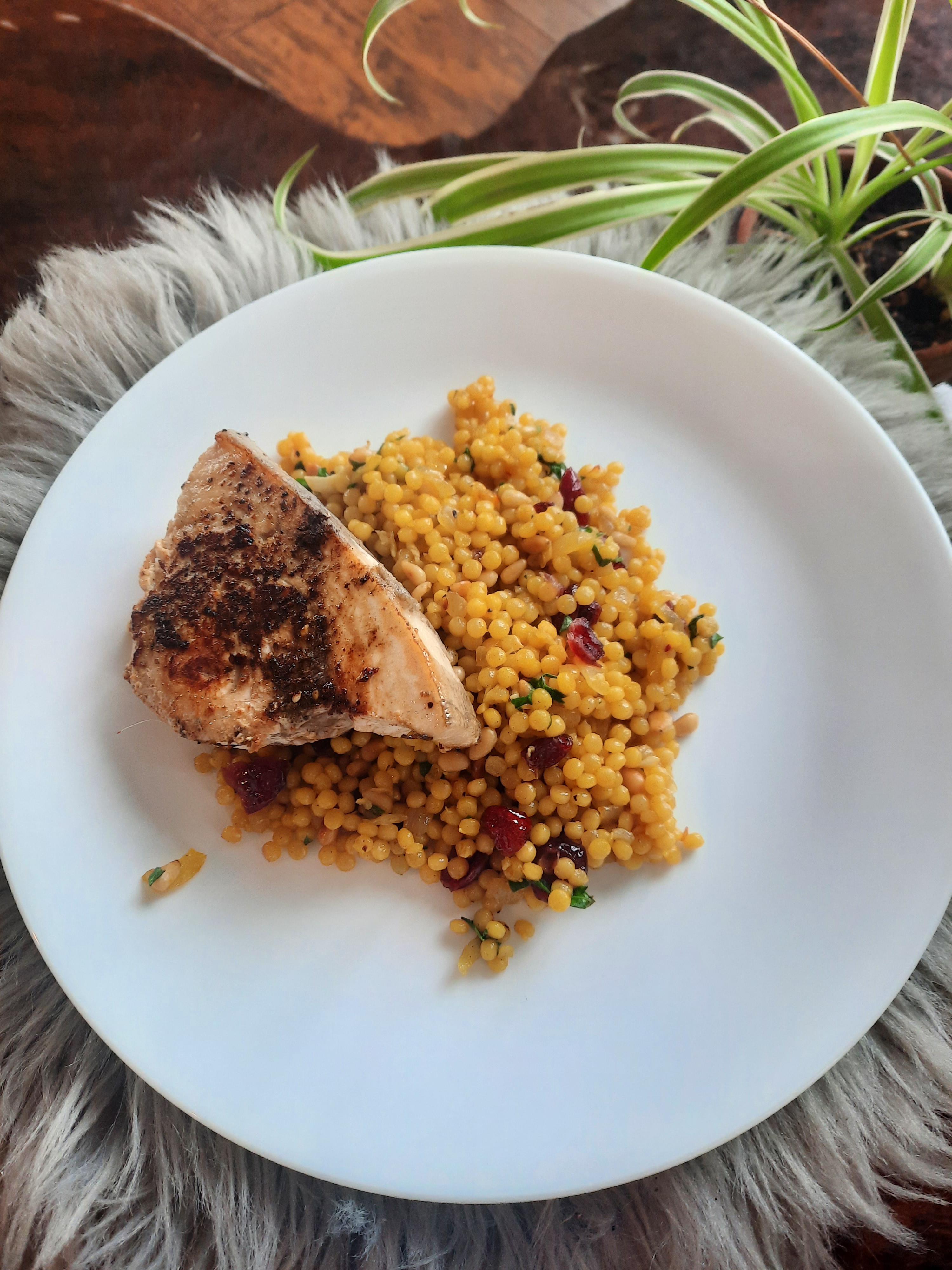 [Homemade] Za'atar Crusted Swordfish with Saffron Pearl Couscous with