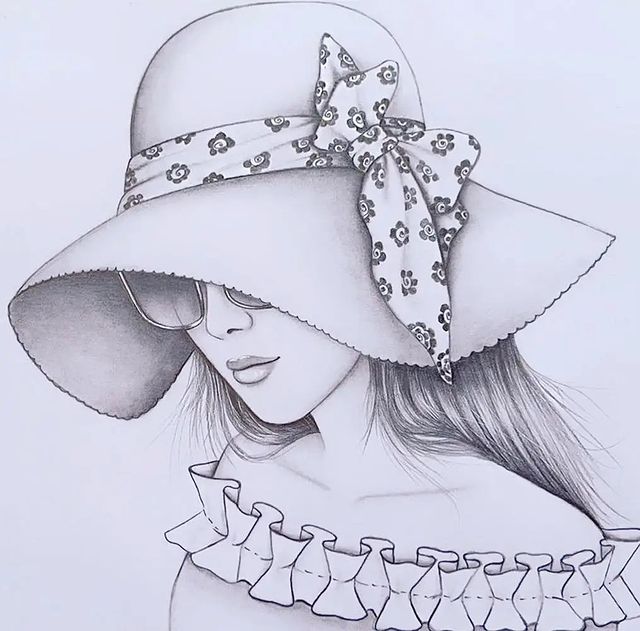 A girl wearing Sun Hat and Sunglass Draw a girl Pencil Sketch