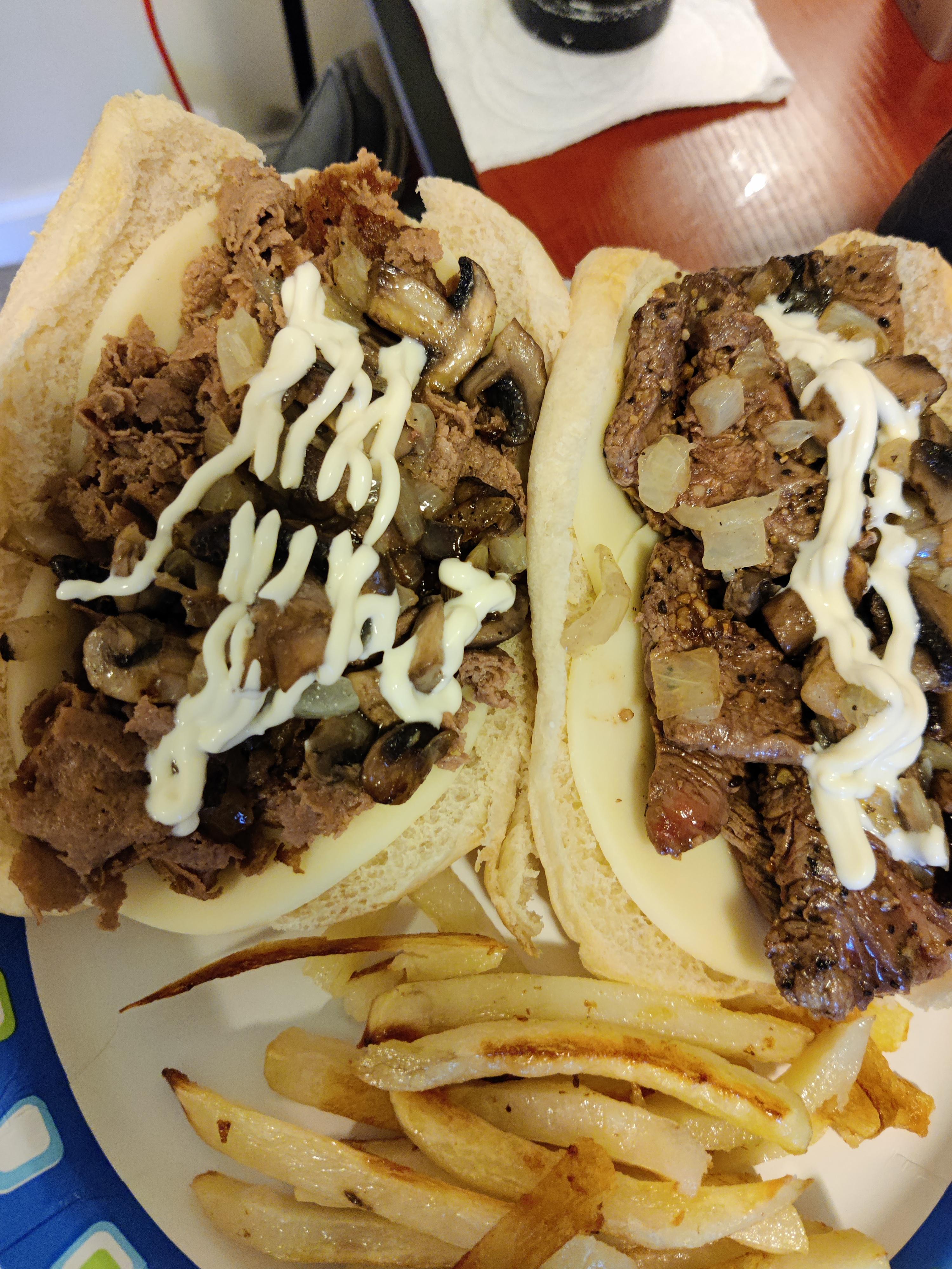 Steak Hoagies on my Blackstone 28" left is SteakUmm, right is sliced