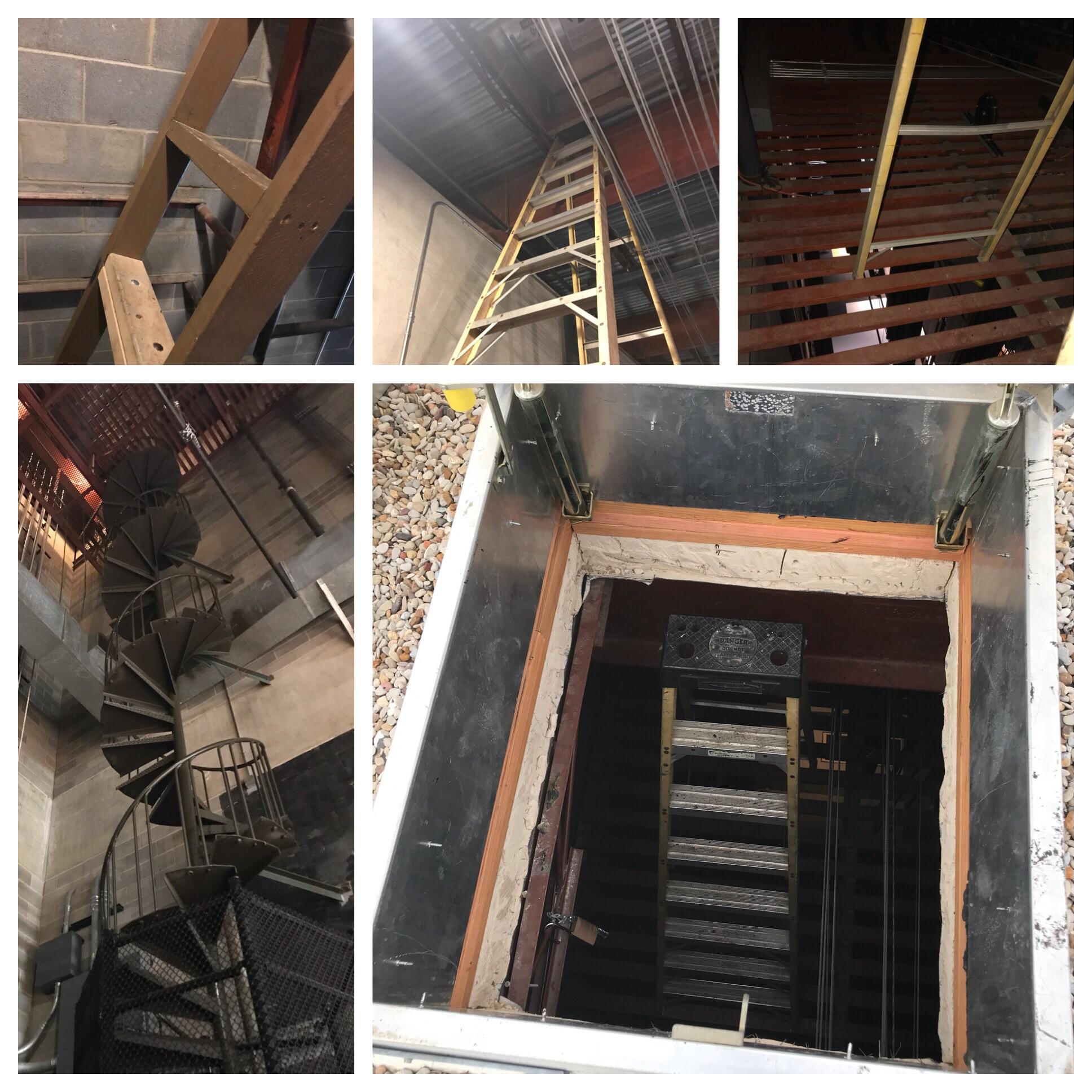 Roof Access Chaos Spiral Staircase To Catwalk Rickety 2x4 Ladder 6 In From Edge Of Catwalk 80 Feet In The Air To A Frame Ladder To Roof Hatch Secured By Rear Legs