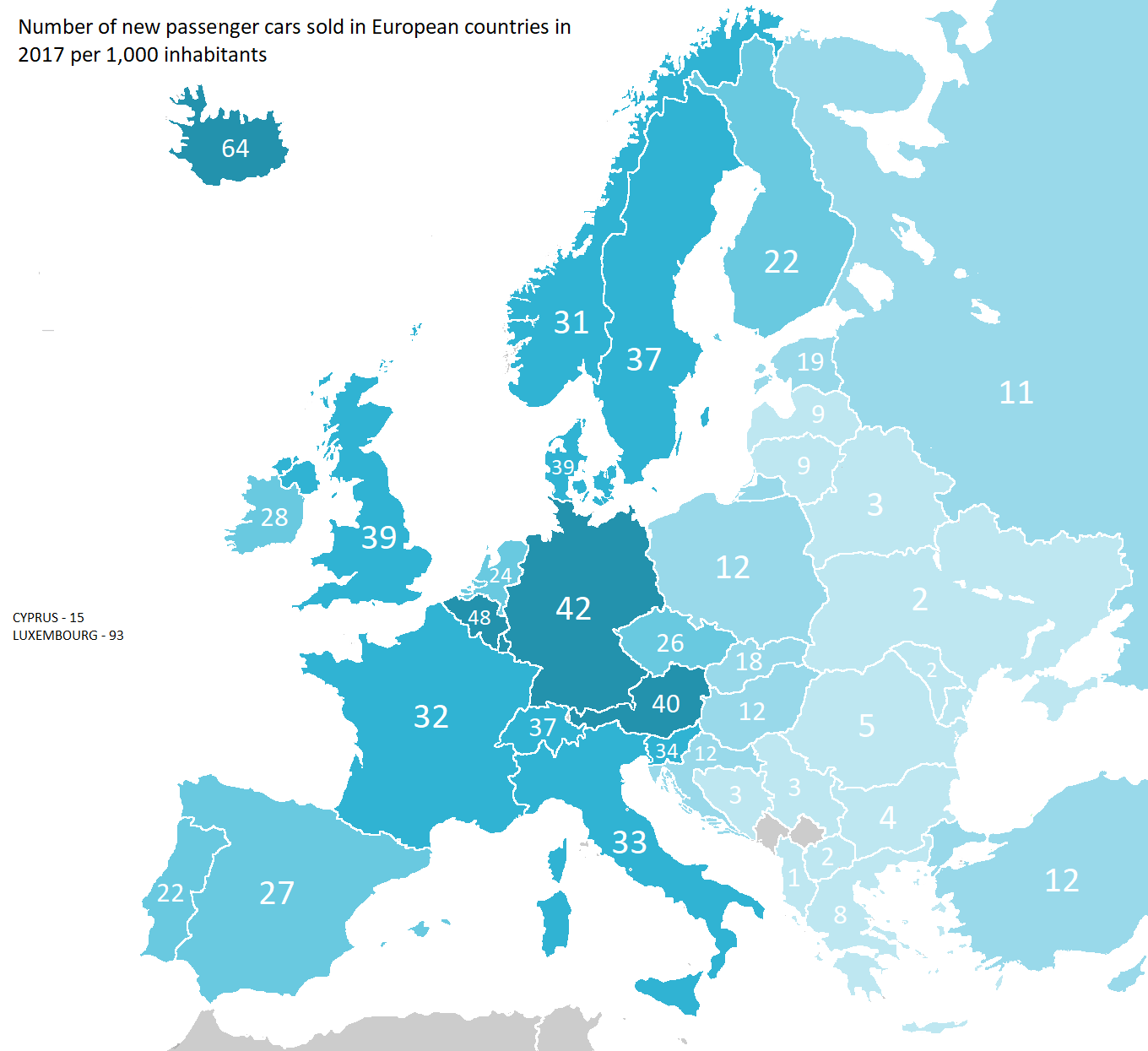 Number of new passenger cars sold in Europe per 1000 inhabitants r