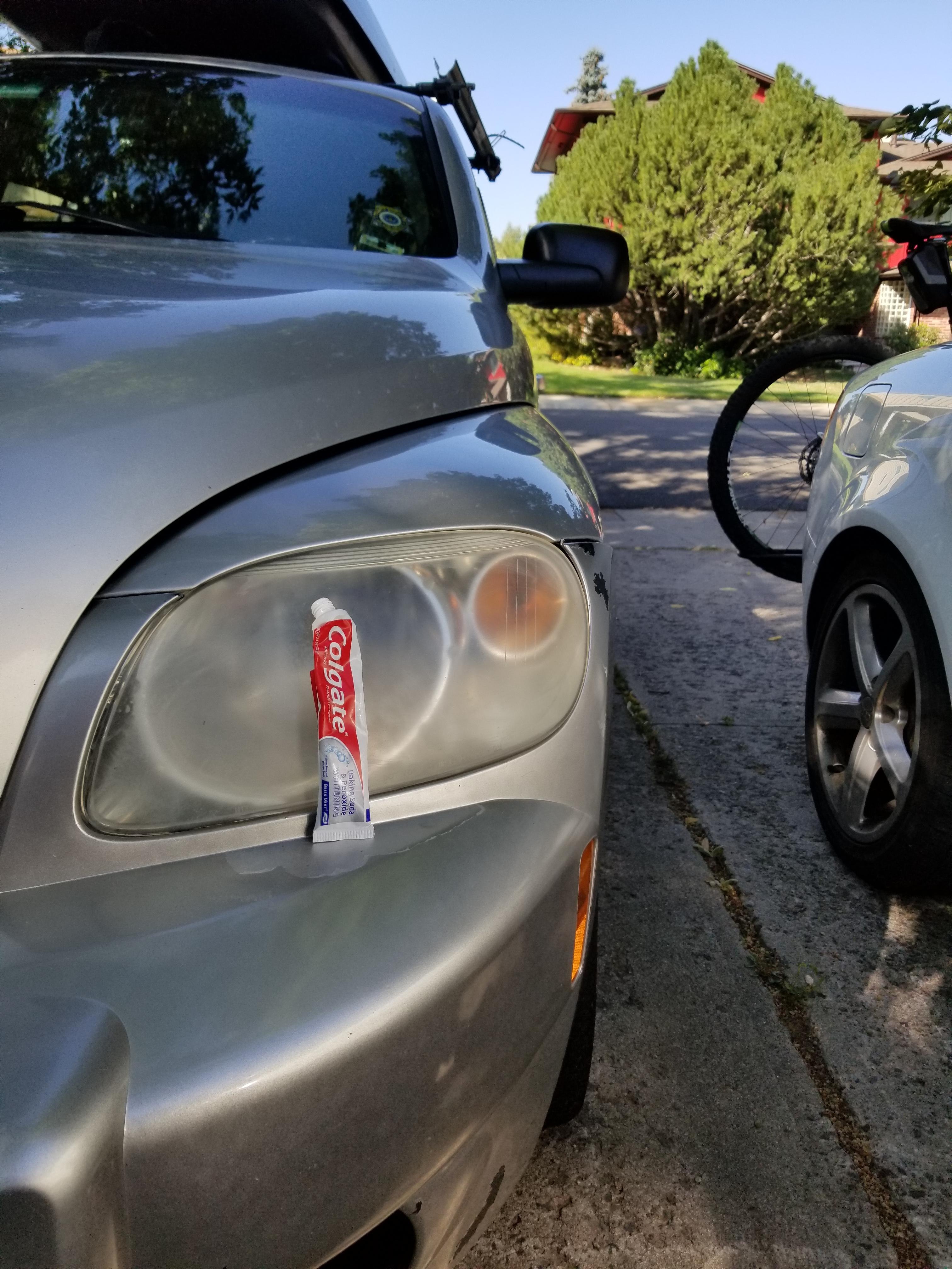 She followed the directions and applied toothpaste on her headlights