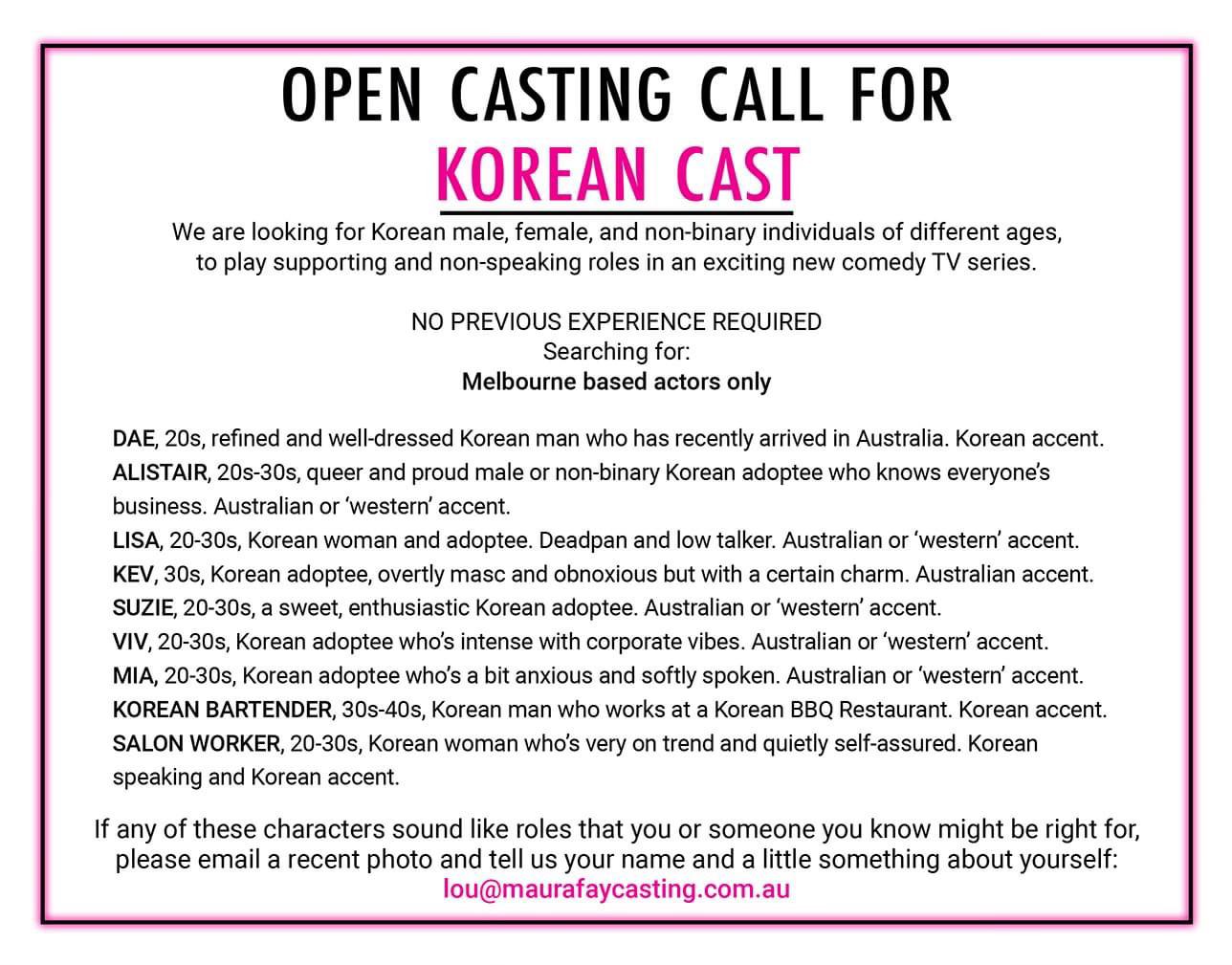 Calling Melbournians with Korean contacts. A comedy tv series is being made in Melbourne that is