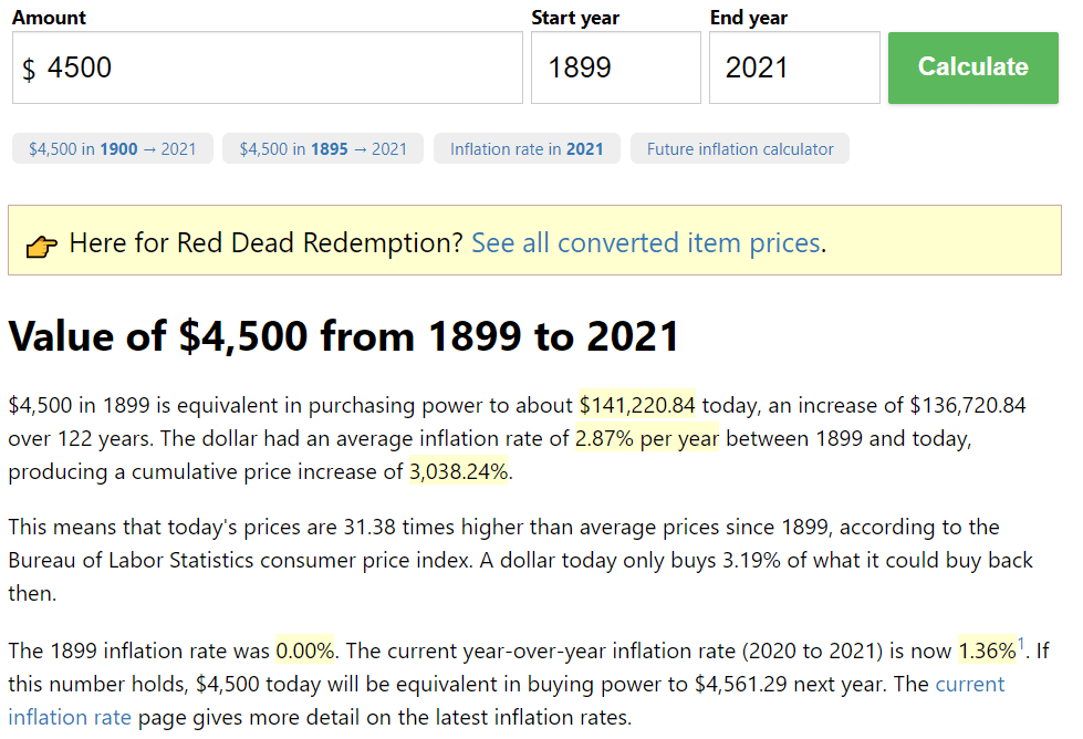 On an inflation calculator website, if you put in