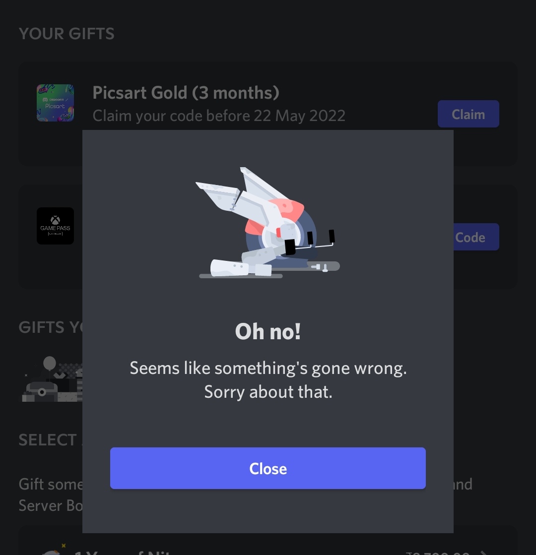 anyone else facing same issue when claiming Picsart Gold? discordapp