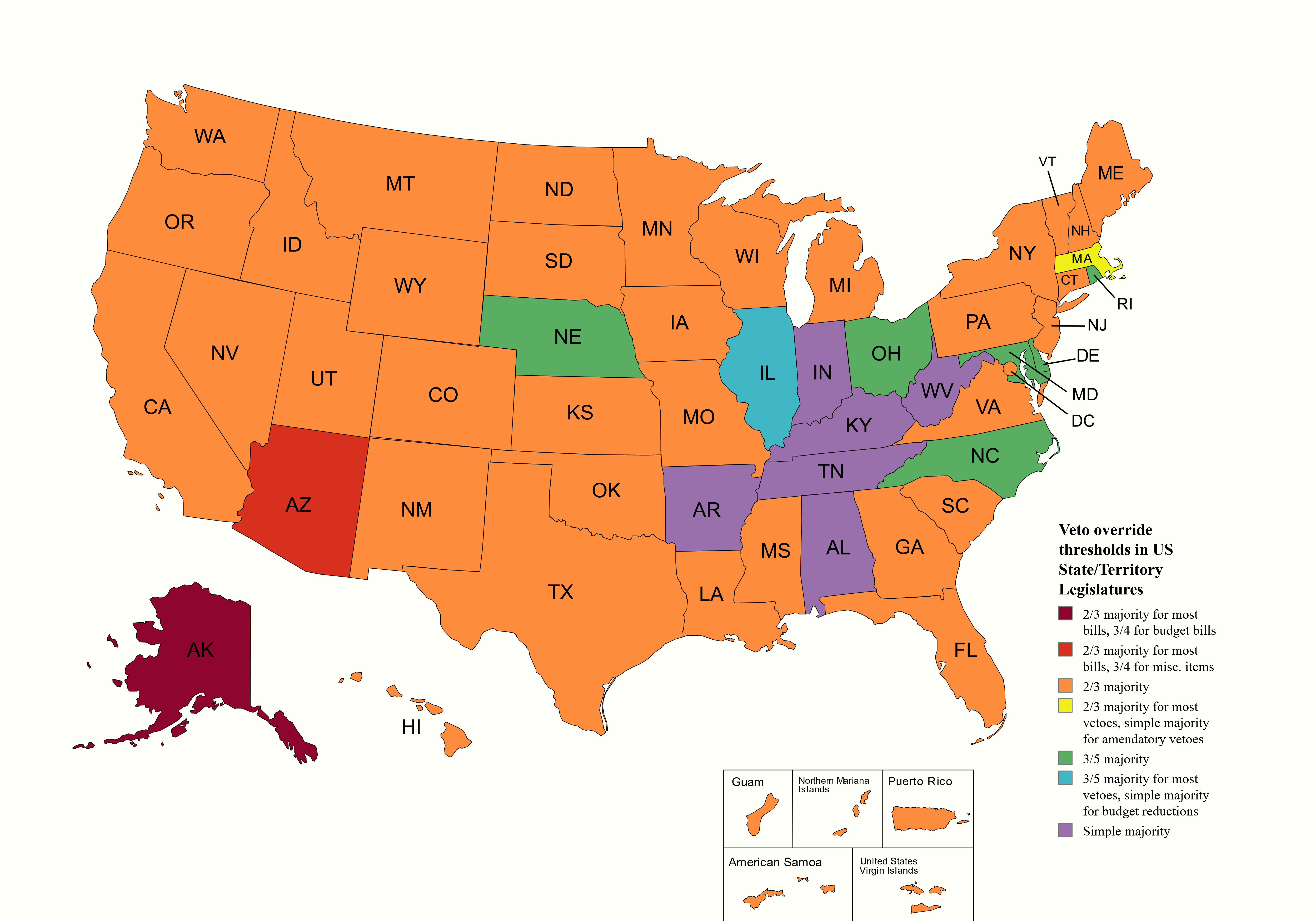 Veto override thresholds in US State/Territory Legislatures r/Maps