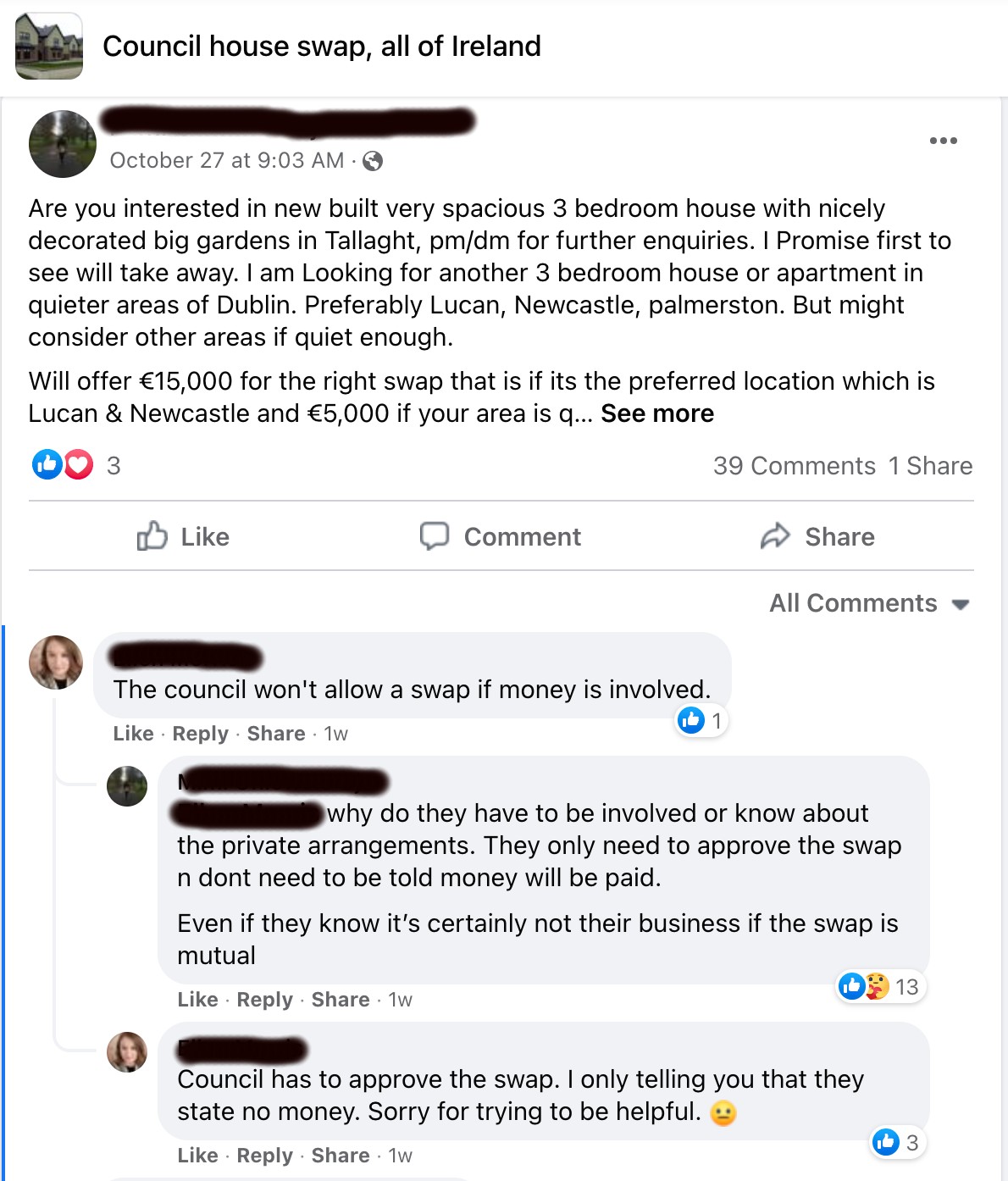 Council Swaps Dublin €15k being offered to swap Council Houses r