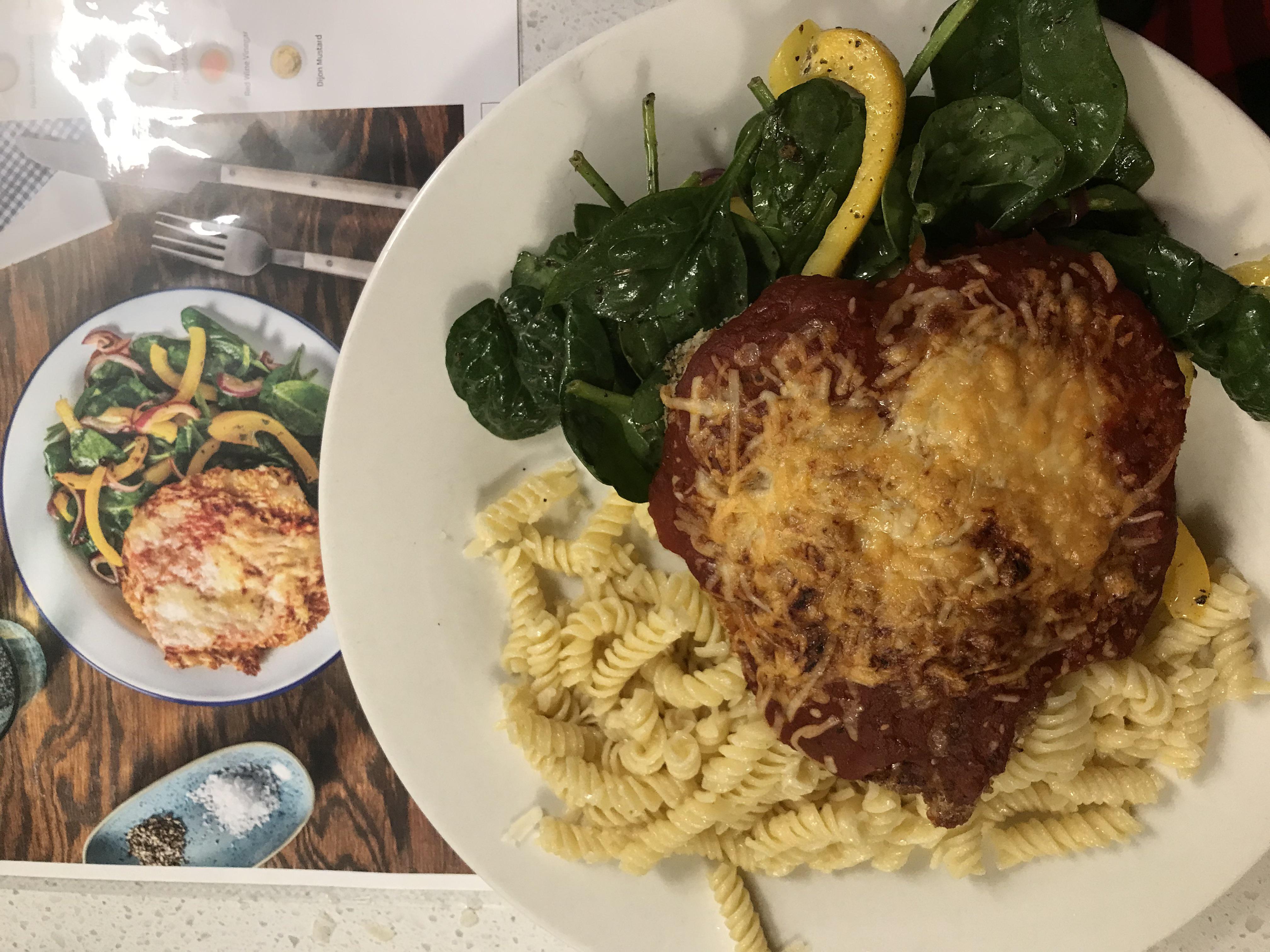 Crispy Chicken Parmigiana with Spinach Salad. I added butter pasta with