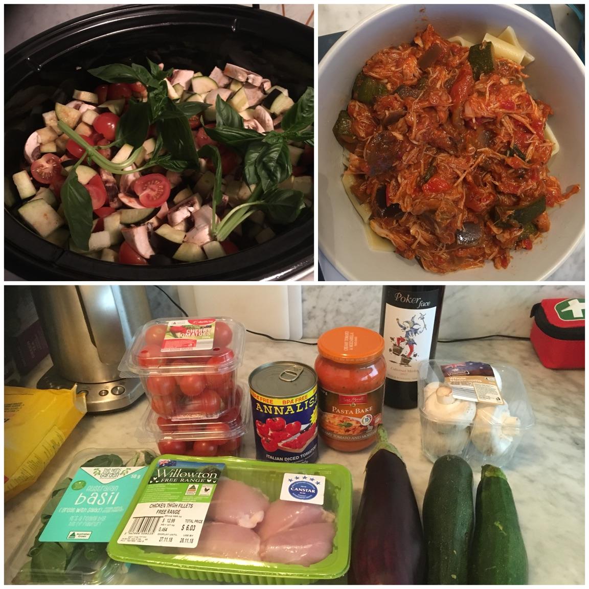 Slow cooker chicken and veg served over pappardelle. 5 servings 450