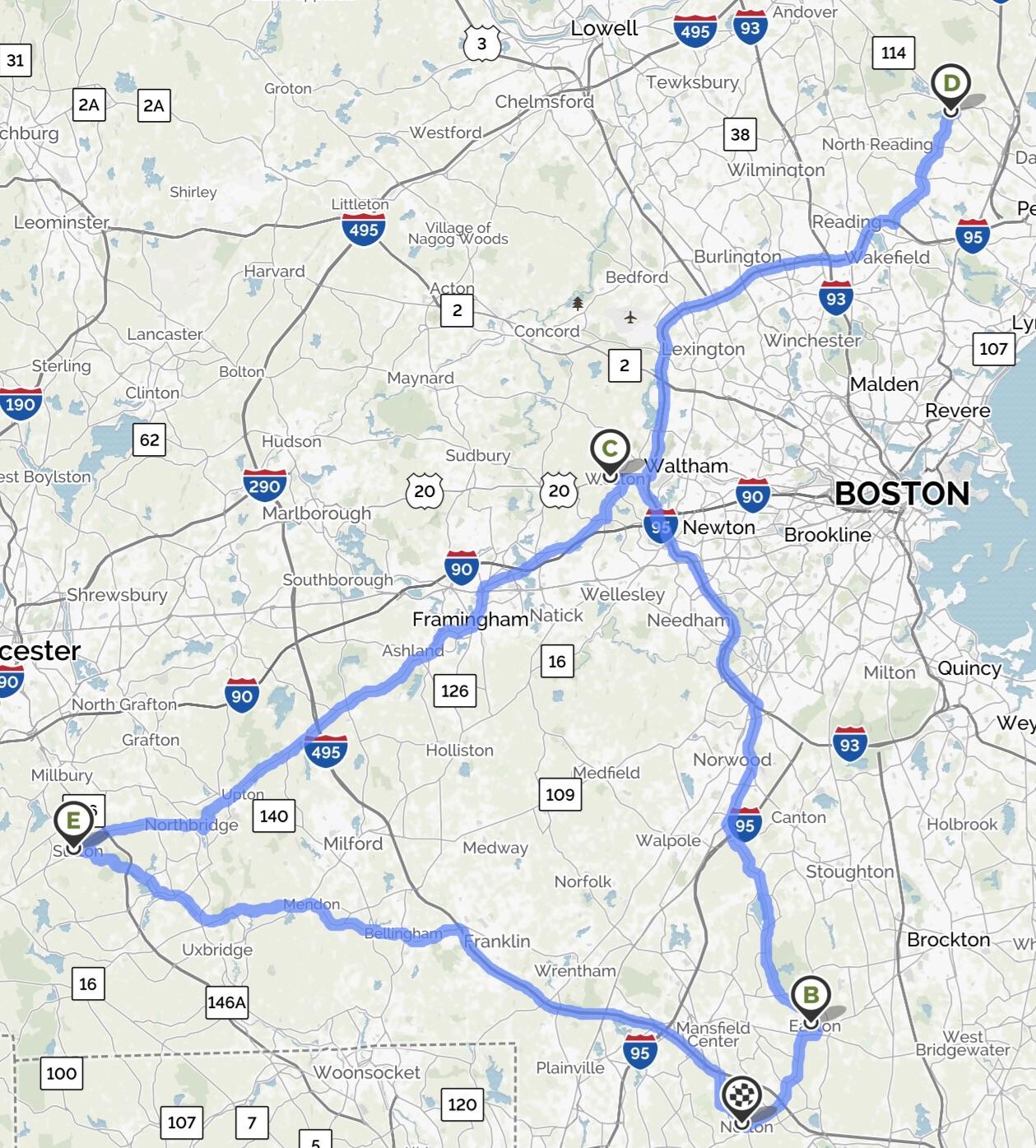 Round trip between Norton, Easton, Weston, Middleton, and Sutton
