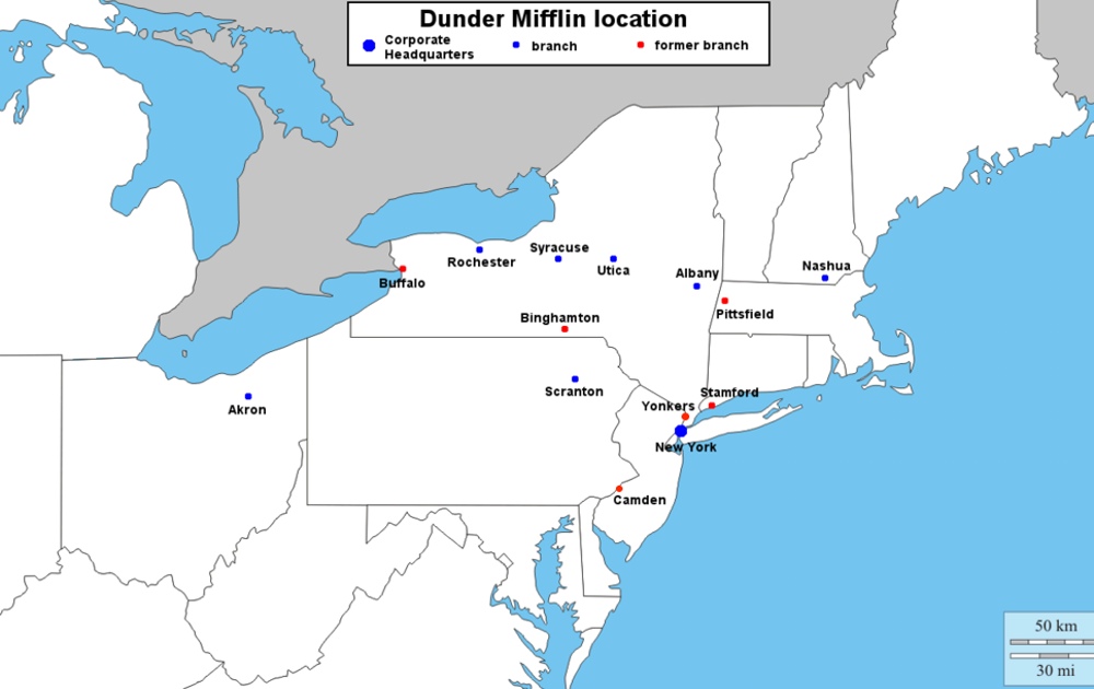 Dunder Mifflin branch map [xpost /r/wikihub] r/DunderMifflin