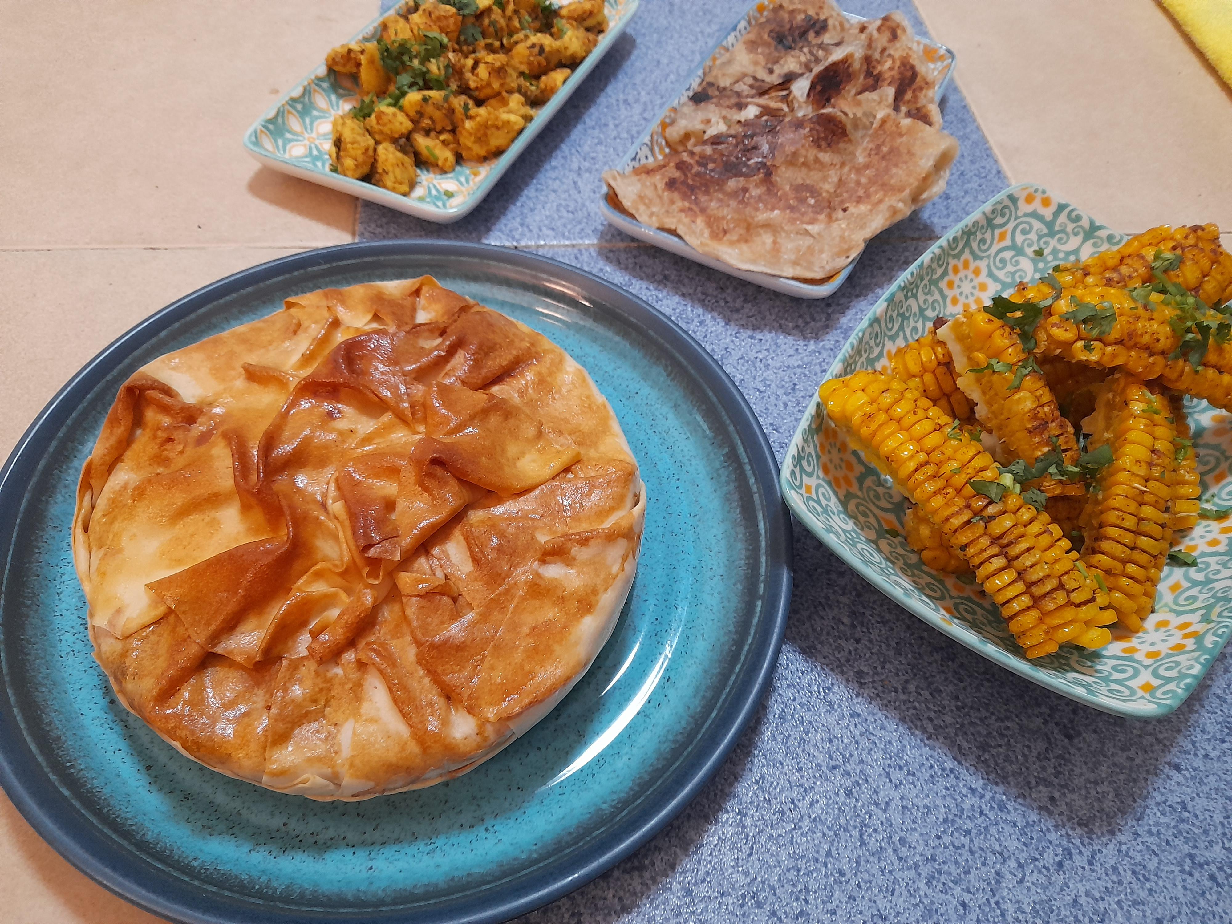 Week 23 Picnic Food Samosa pie, Indian spiced corn, chicken Tikka