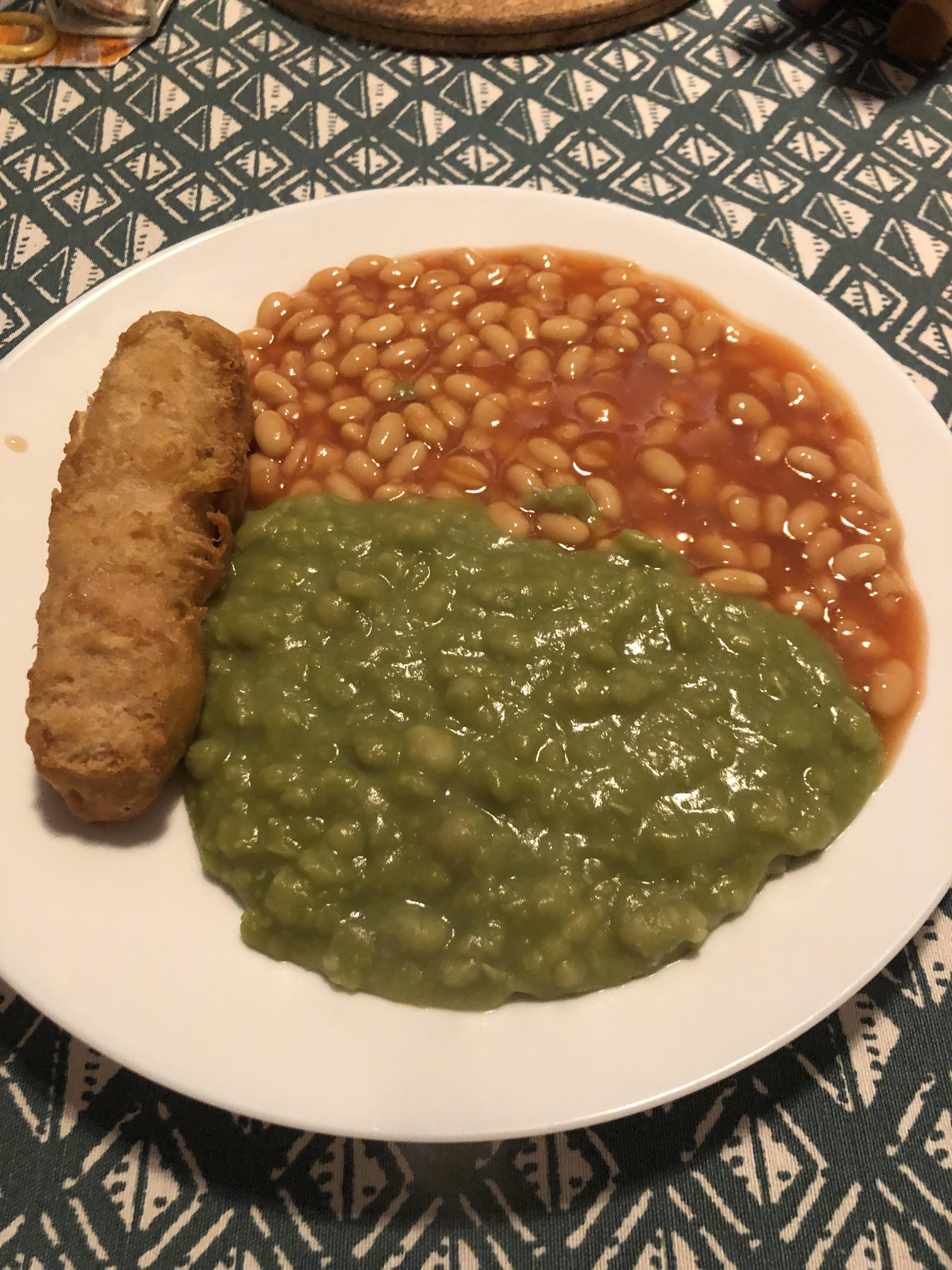 A plate of fart. For real though the No pork battered sausages from
